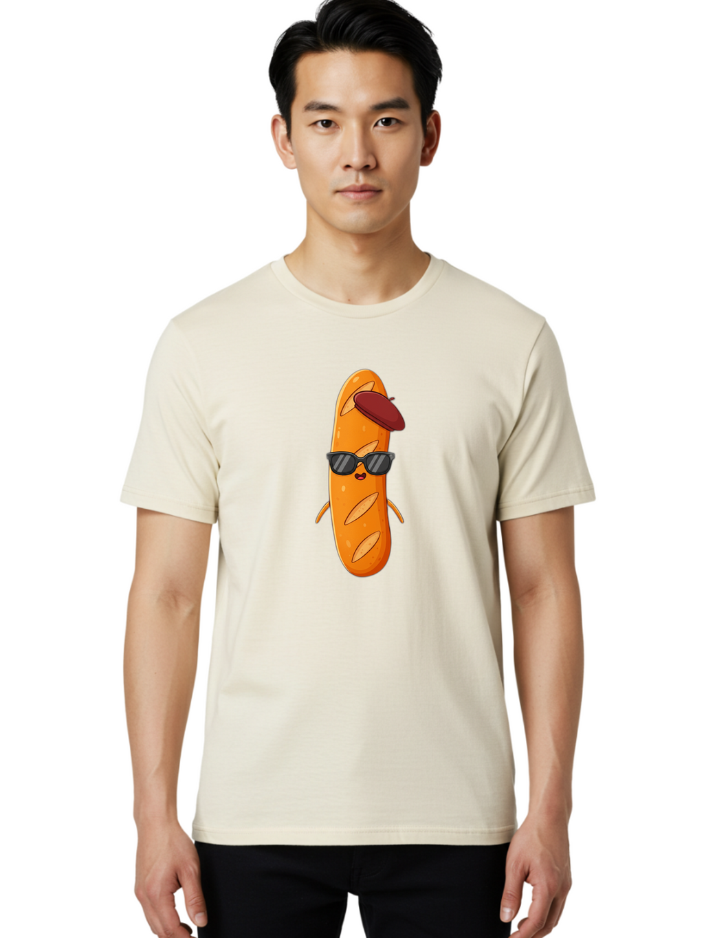 Baguette-Character Men'S Graphic Tee, 100% Cotton, Comfortable Casual Summer Wear, Machine Washable, Cartoon Baguette, Anthropomorphic Bread, Sunglasses, Beret, Cute Character, Funny Mascot, Quirky Illustration, Kawaii Food, Humorous Design, Bac591