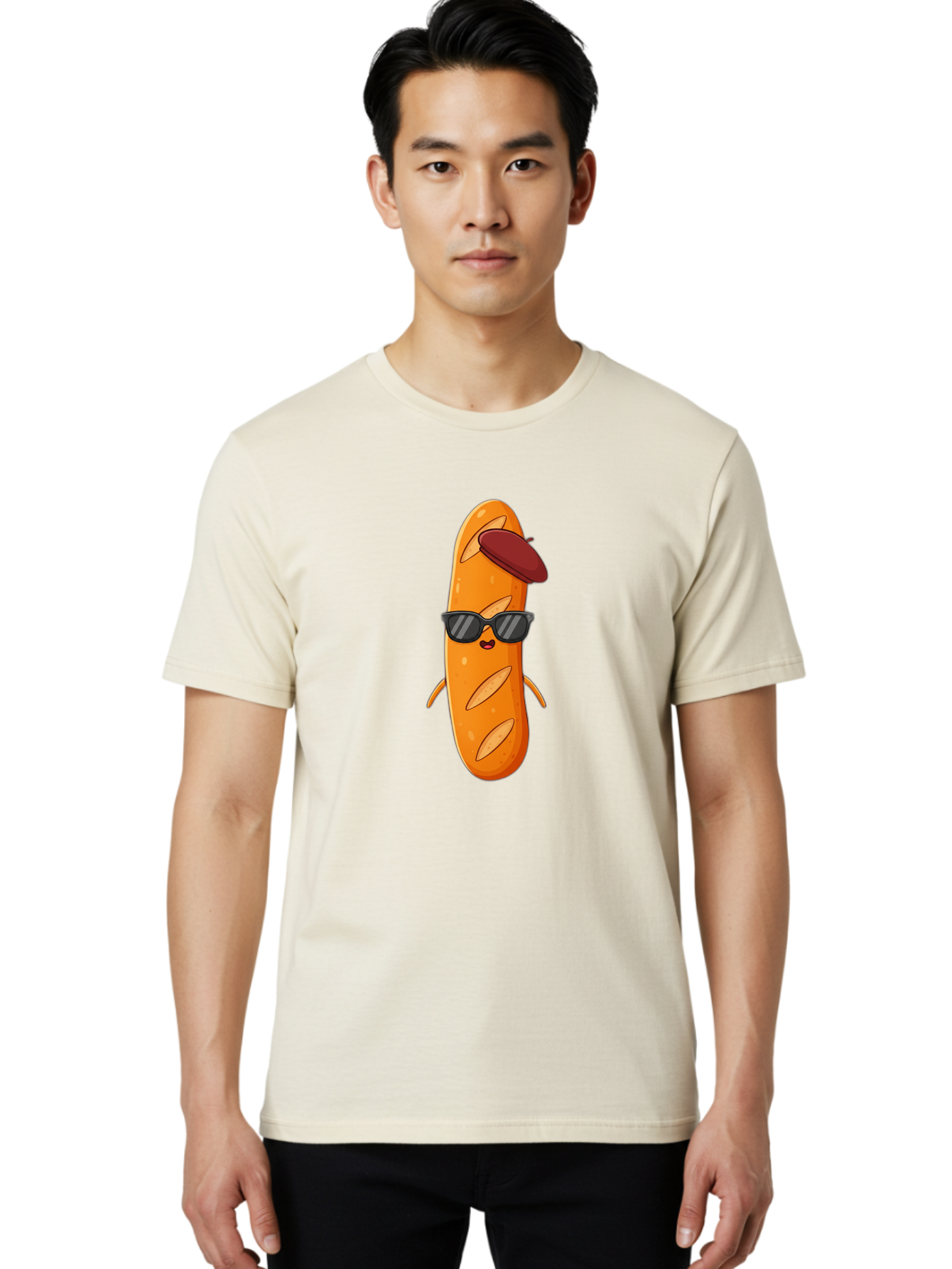 Baguette-Character Men'S Graphic Tee, 100% Cotton, Comfortable Casual Summer Wear, Machine Washable, Cartoon Baguette, Anthropomorphic Bread, Sunglasses, Beret, Cute Character, Funny Mascot, Quirky Illustration, Kawaii Food, Humorous Design, Bac591