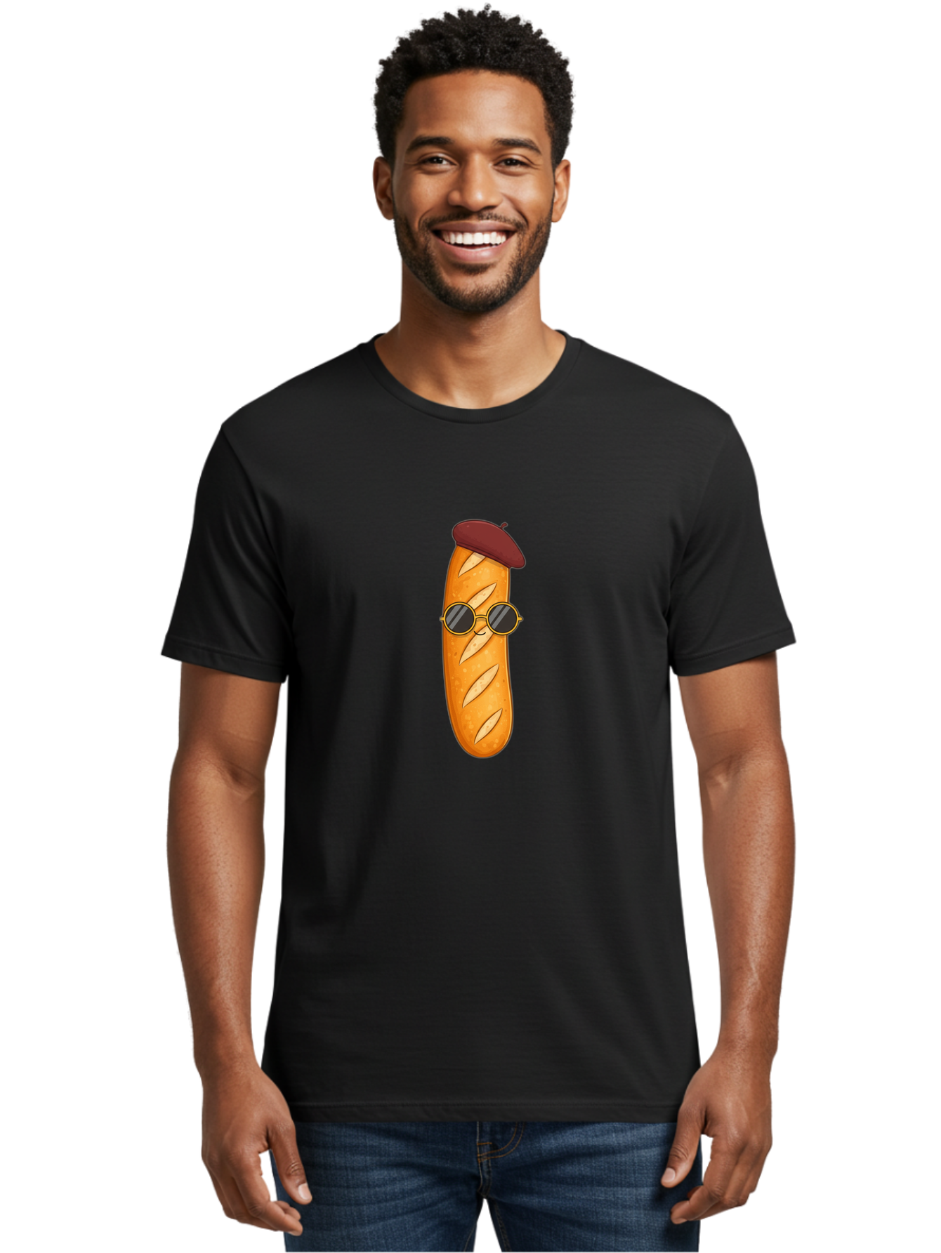 Baguette-With-Beret-And-Sunglasses Men'S Graphic Tee, 100% Cotton, Comfortable Casual Summer Wear, Machine Washable, Cartoon Baguette, French Bread, Beret Hat, Sunglasses, Cool Character, Funny Food, Whimsical Illustration, Playful Vibe, Bac592
