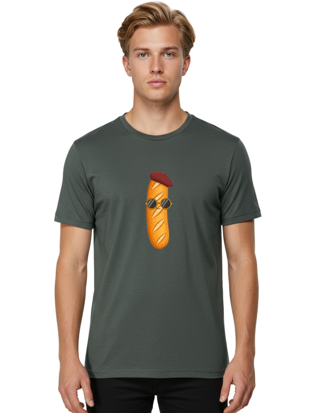 Baguette-With-Beret-And-Sunglasses Men'S Graphic Tee, 100% Cotton, Comfortable Casual Summer Wear, Machine Washable, Cartoon Baguette, French Bread, Beret Hat, Sunglasses, Cool Character, Funny Food, Whimsical Illustration, Playful Vibe, Bac592