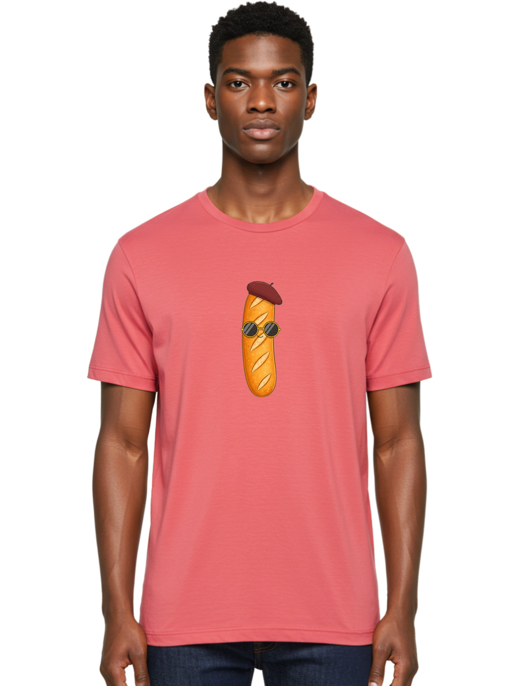 Baguette-With-Beret-And-Sunglasses Men'S Graphic Tee, 100% Cotton, Comfortable Casual Summer Wear, Machine Washable, Cartoon Baguette, French Bread, Beret Hat, Sunglasses, Cool Character, Funny Food, Whimsical Illustration, Playful Vibe, Bac592