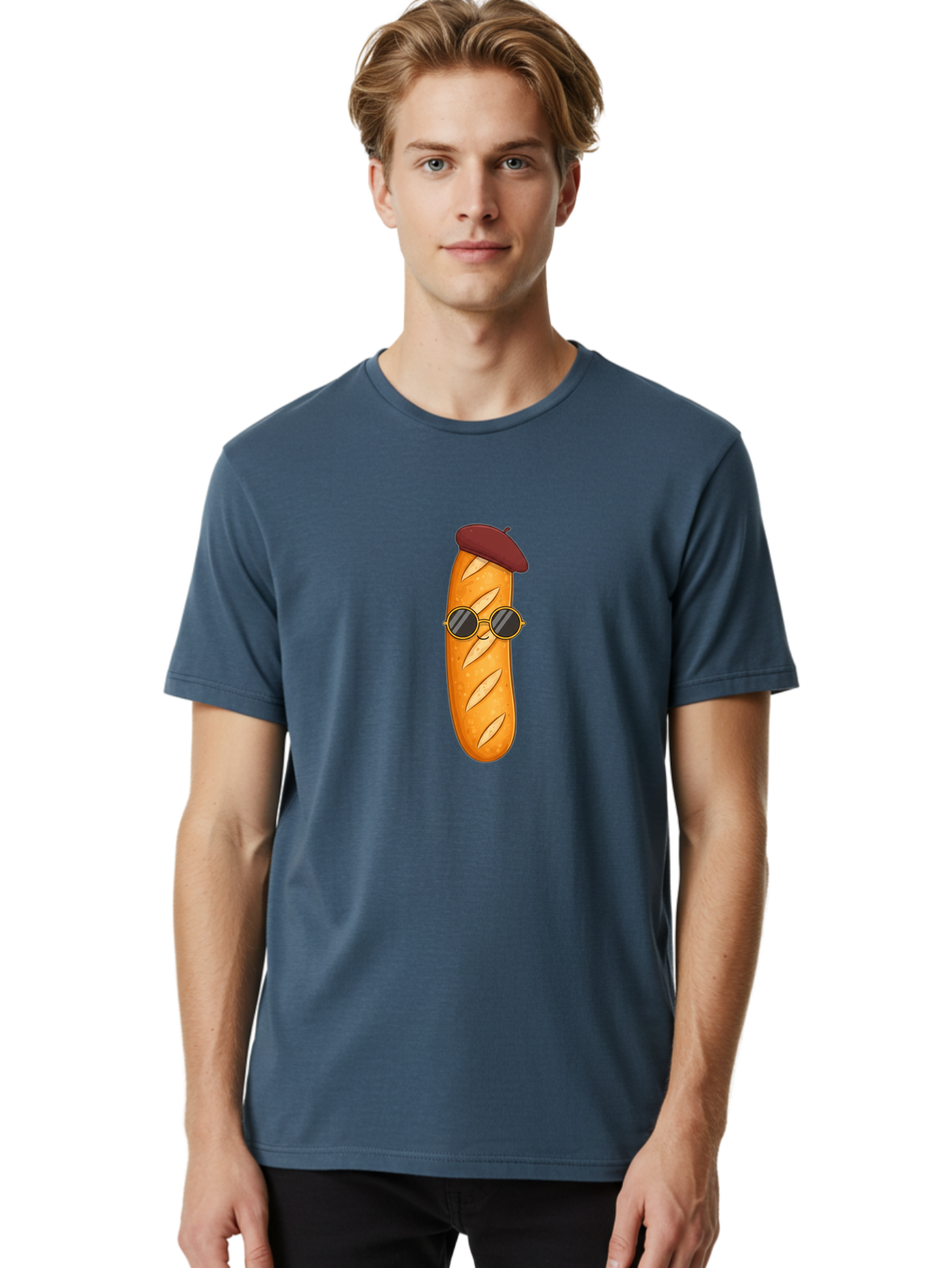 Baguette-With-Beret-And-Sunglasses Men'S Graphic Tee, 100% Cotton, Comfortable Casual Summer Wear, Machine Washable, Cartoon Baguette, French Bread, Beret Hat, Sunglasses, Cool Character, Funny Food, Whimsical Illustration, Playful Vibe, Bac592
