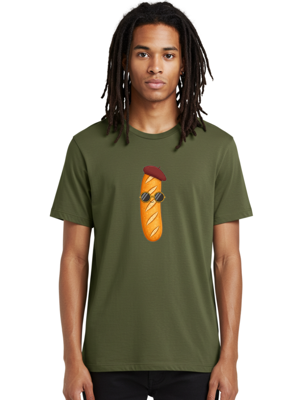 Baguette-With-Beret-And-Sunglasses Men'S Graphic Tee, 100% Cotton, Comfortable Casual Summer Wear, Machine Washable, Cartoon Baguette, French Bread, Beret Hat, Sunglasses, Cool Character, Funny Food, Whimsical Illustration, Playful Vibe, Bac592