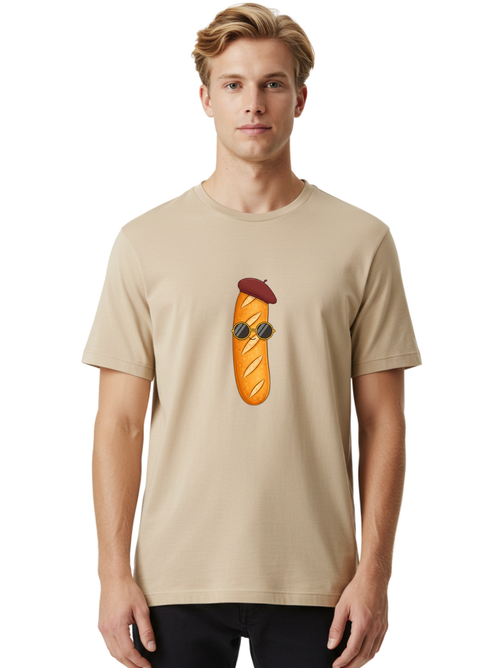 Baguette-With-Beret-And-Sunglasses Men'S Graphic Tee, 100% Cotton, Comfortable Casual Summer Wear, Machine Washable, Cartoon Baguette, French Bread, Beret Hat, Sunglasses, Cool Character, Funny Food, Whimsical Illustration, Playful Vibe, Bac592