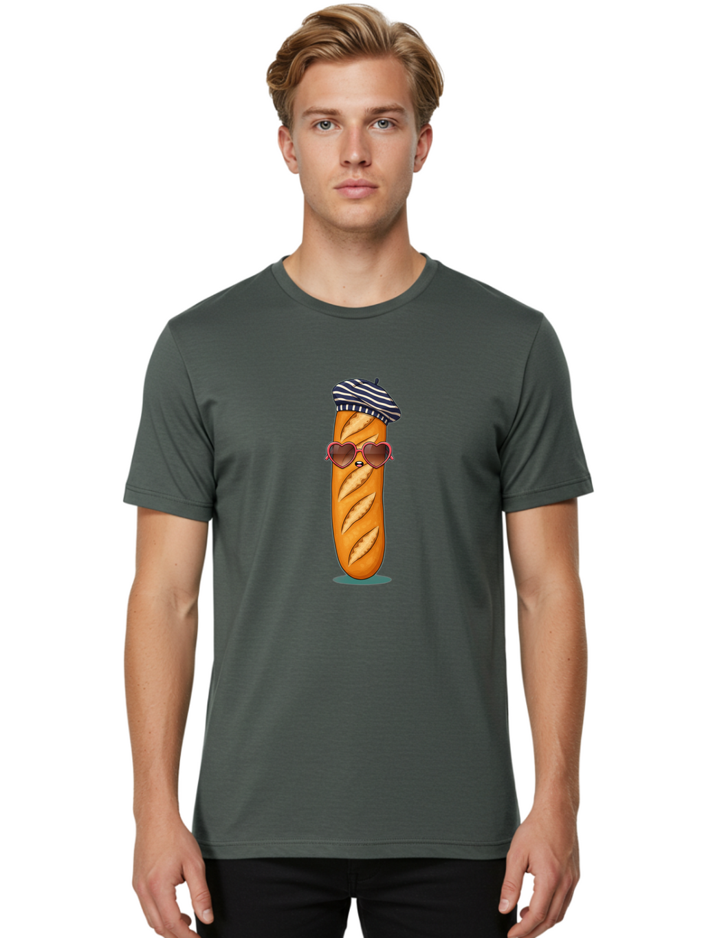 Baguette-With-Beret Men'S Graphic Tee, 100% Cotton, Comfortable Casual Summer Wear, Machine Washable, Cartoon Baguette, Heart-Shaped Sunglasses, Beret Hat, French Culture, Cute Character, Whimsical Illustration, Pink Shades, Bread Person, Bac593