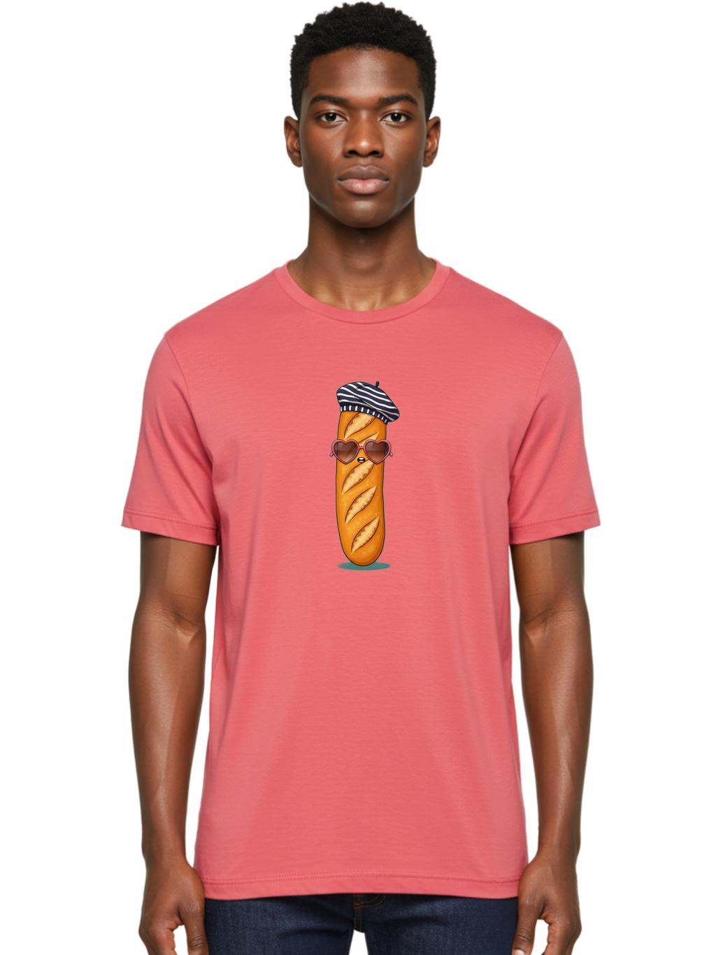 Baguette-With-Beret Men'S Graphic Tee, 100% Cotton, Comfortable Casual Summer Wear, Machine Washable, Cartoon Baguette, Heart-Shaped Sunglasses, Beret Hat, French Culture, Cute Character, Whimsical Illustration, Pink Shades, Bread Person, Bac593