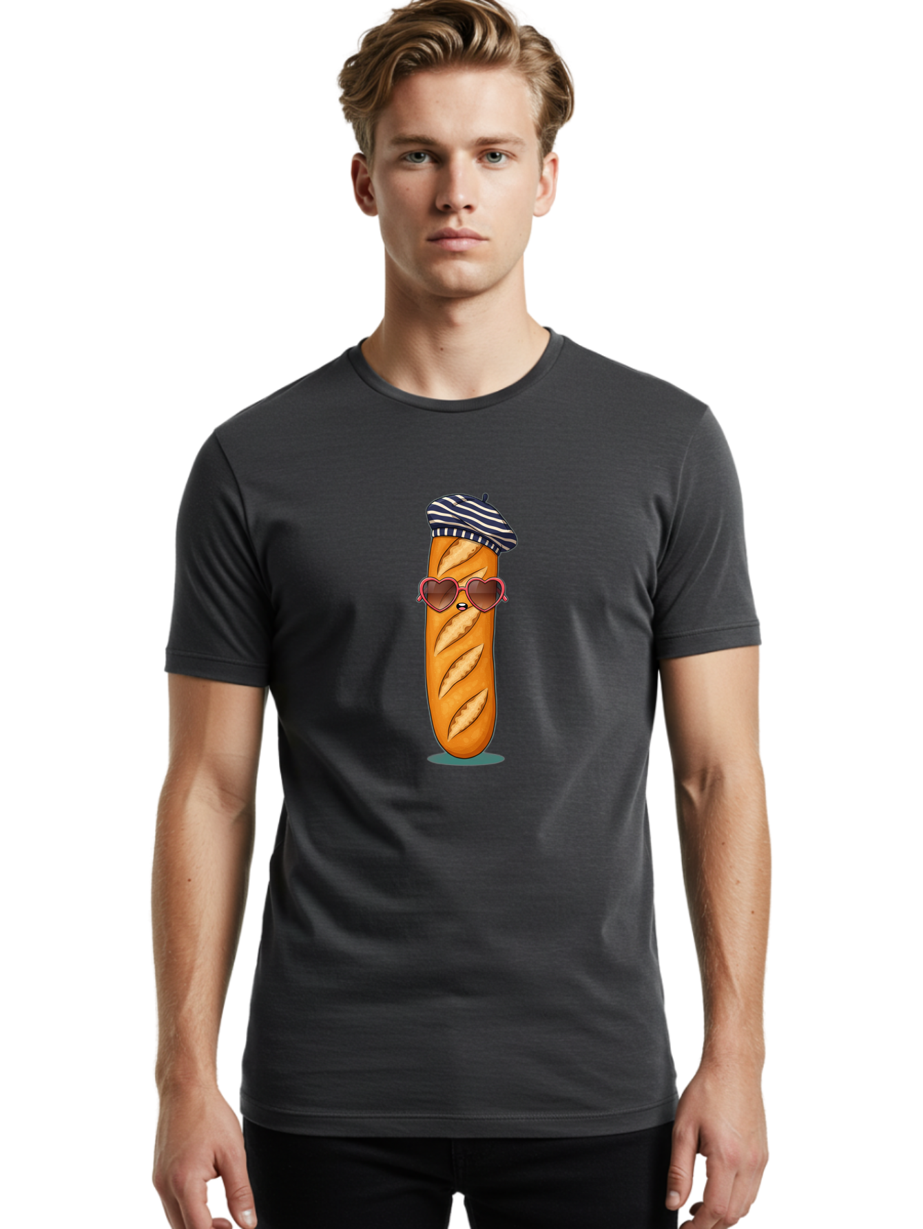Baguette-With-Beret Men'S Graphic Tee, 100% Cotton, Comfortable Casual Summer Wear, Machine Washable, Cartoon Baguette, Heart-Shaped Sunglasses, Beret Hat, French Culture, Cute Character, Whimsical Illustration, Pink Shades, Bread Person, Bac593