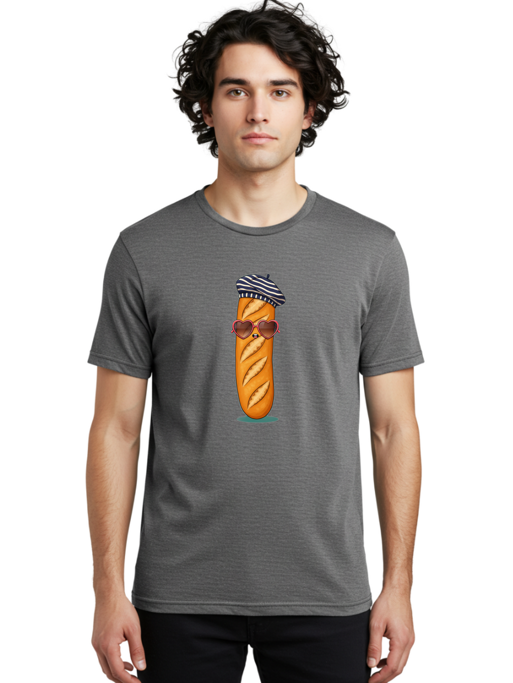 Baguette-With-Beret Men'S Graphic Tee, 100% Cotton, Comfortable Casual Summer Wear, Machine Washable, Cartoon Baguette, Heart-Shaped Sunglasses, Beret Hat, French Culture, Cute Character, Whimsical Illustration, Pink Shades, Bread Person, Bac593