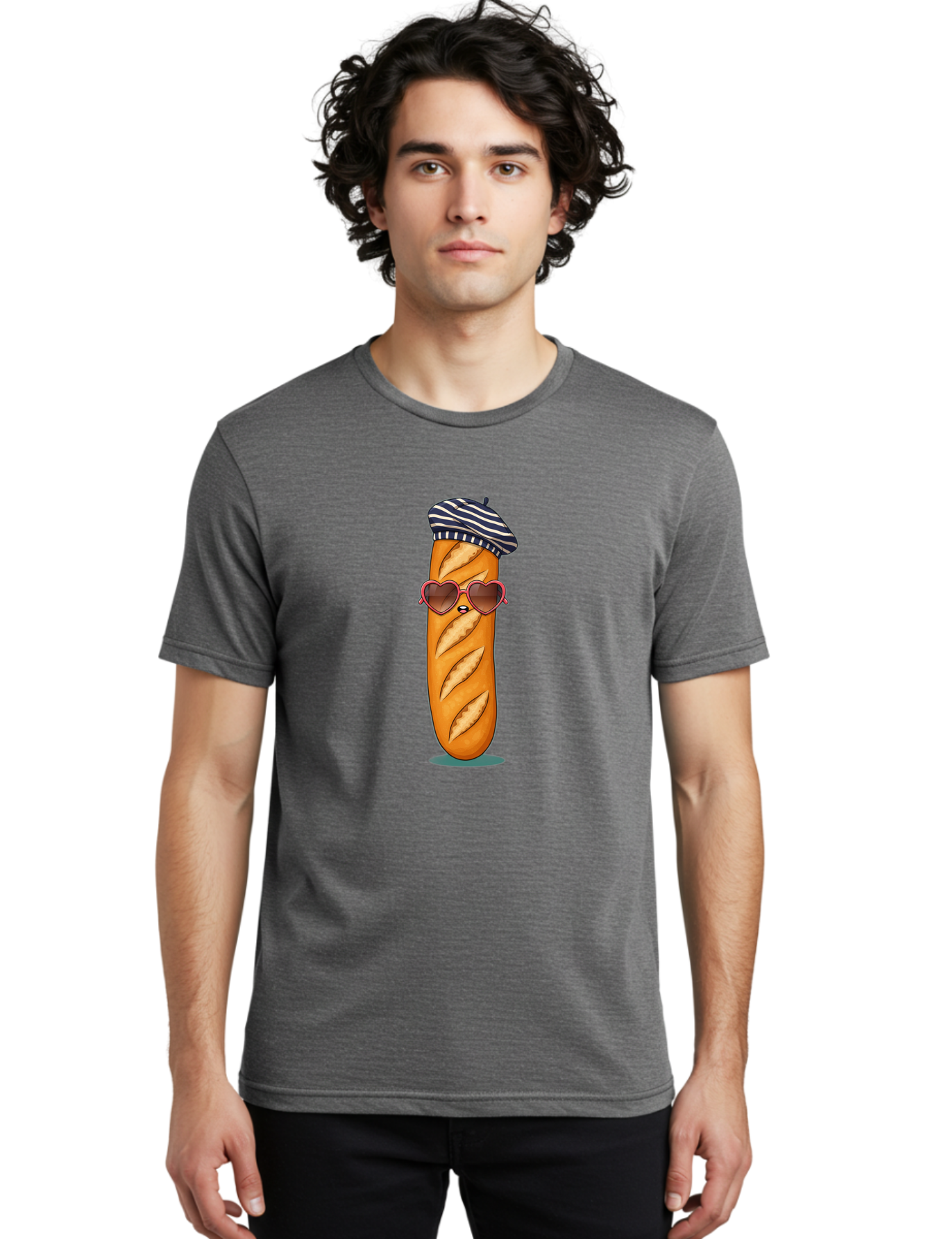 Baguette-With-Beret Men'S Graphic Tee, 100% Cotton, Comfortable Casual Summer Wear, Machine Washable, Cartoon Baguette, Heart-Shaped Sunglasses, Beret Hat, French Culture, Cute Character, Whimsical Illustration, Pink Shades, Bread Person, Bac593