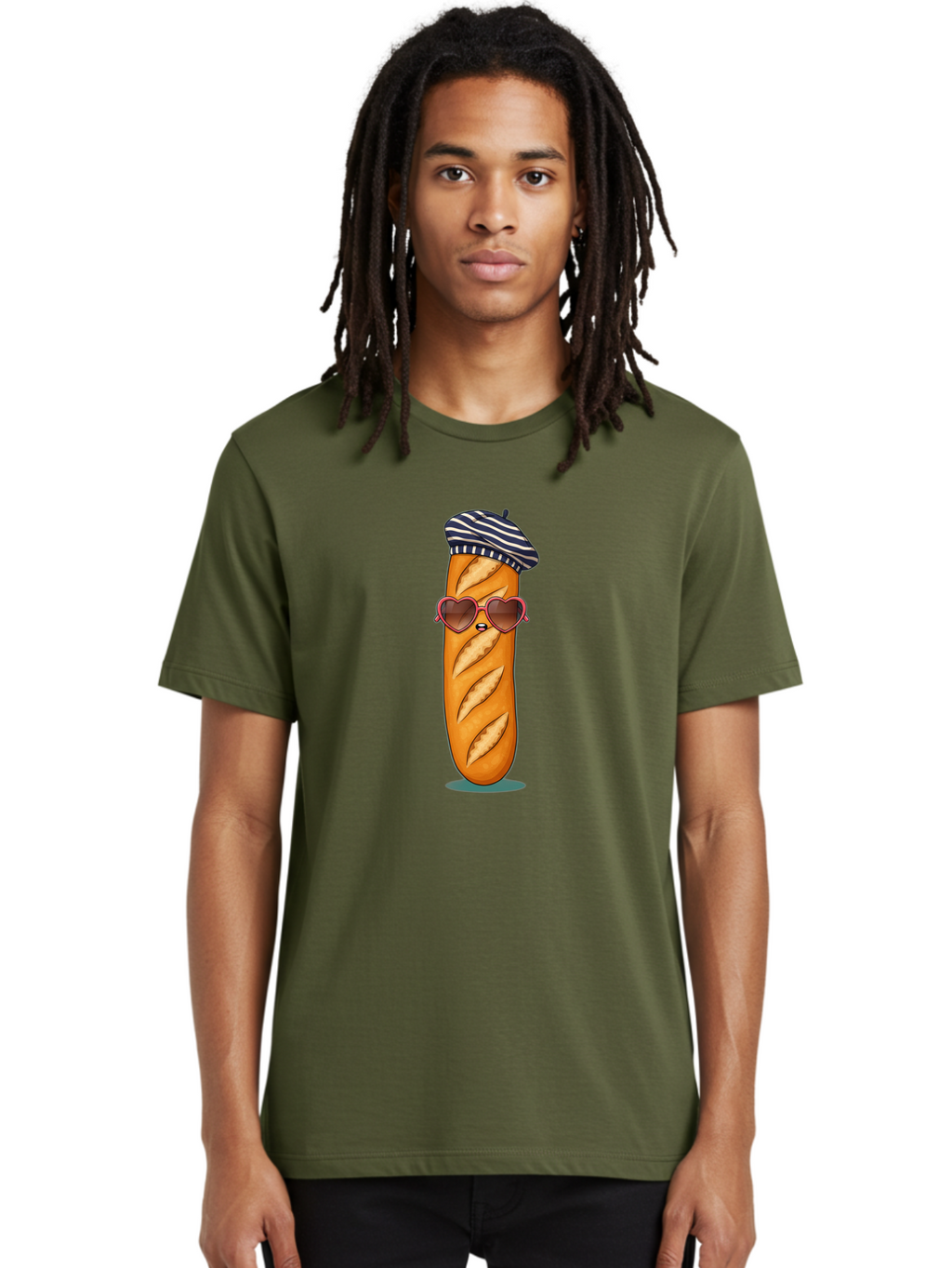 Baguette-With-Beret Men'S Graphic Tee, 100% Cotton, Comfortable Casual Summer Wear, Machine Washable, Cartoon Baguette, Heart-Shaped Sunglasses, Beret Hat, French Culture, Cute Character, Whimsical Illustration, Pink Shades, Bread Person, Bac593