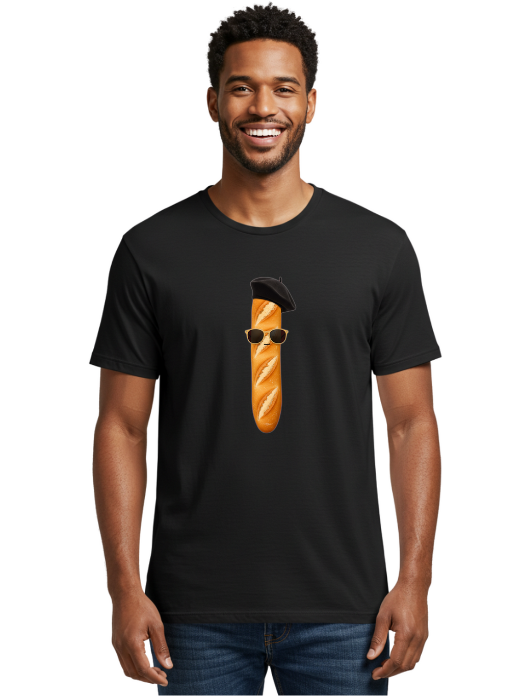Baguette-With-Sunglasses-And-Beret-1 Men'S Graphic Tee, 100% Cotton, Comfortable Casual Summer Wear, Machine Washable, Baguette With Sunglasses, French Bread, Beret Hat, Cool Baguette, Cartoon Character, Funny Food, Charismatic Bread, Bac594