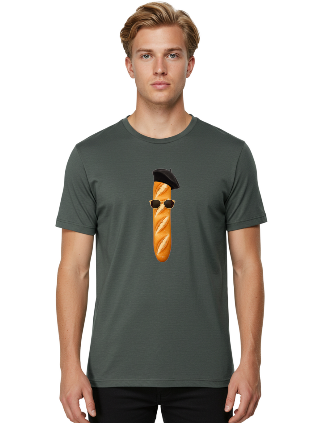Baguette-With-Sunglasses-And-Beret-1 Men'S Graphic Tee, 100% Cotton, Comfortable Casual Summer Wear, Machine Washable, Baguette With Sunglasses, French Bread, Beret Hat, Cool Baguette, Cartoon Character, Funny Food, Charismatic Bread, Bac594