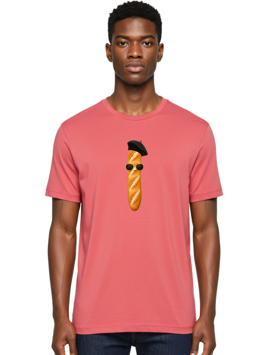 Baguette-With-Sunglasses-And-Beret-1 Men'S Graphic Tee, 100% Cotton, Comfortable Casual Summer Wear, Machine Washable, Baguette With Sunglasses, French Bread, Beret Hat, Cool Baguette, Cartoon Character, Funny Food, Charismatic Bread, Bac594
