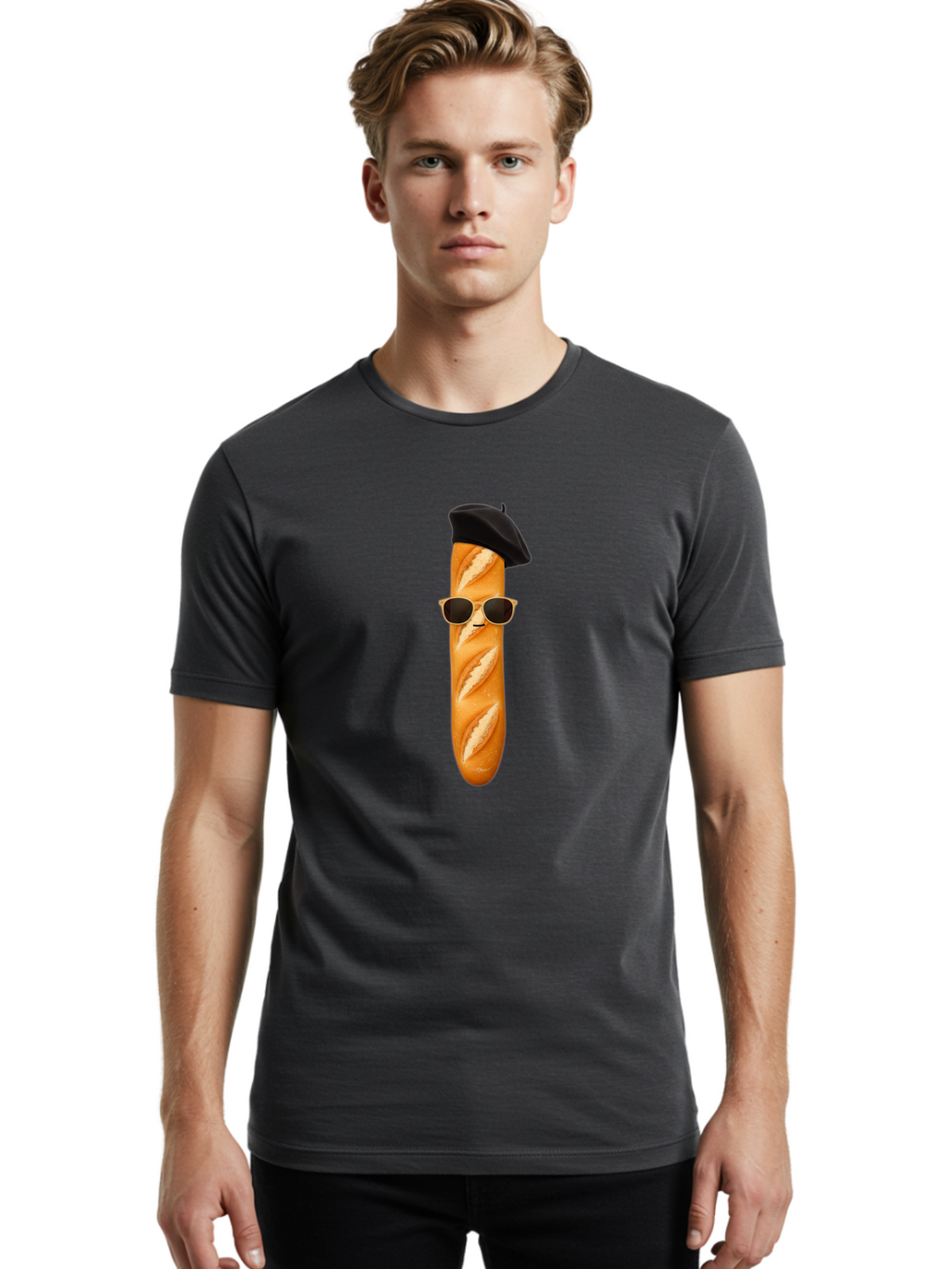 Baguette-With-Sunglasses-And-Beret-1 Men'S Graphic Tee, 100% Cotton, Comfortable Casual Summer Wear, Machine Washable, Baguette With Sunglasses, French Bread, Beret Hat, Cool Baguette, Cartoon Character, Funny Food, Charismatic Bread, Bac594