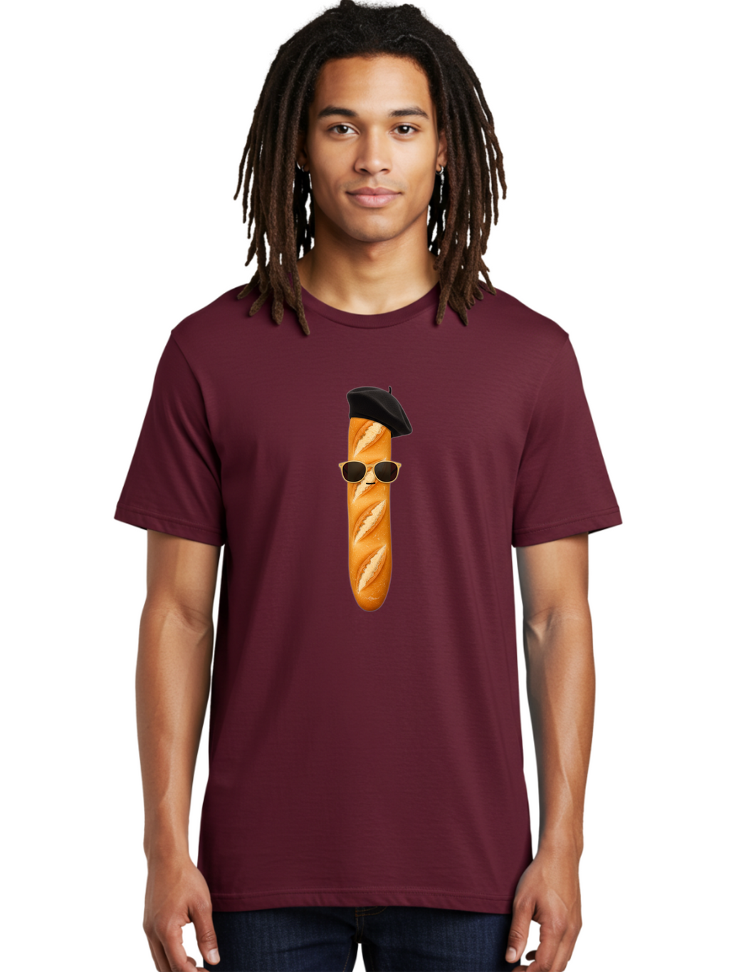 Baguette-With-Sunglasses-And-Beret-1 Men'S Graphic Tee, 100% Cotton, Comfortable Casual Summer Wear, Machine Washable, Baguette With Sunglasses, French Bread, Beret Hat, Cool Baguette, Cartoon Character, Funny Food, Charismatic Bread, Bac594