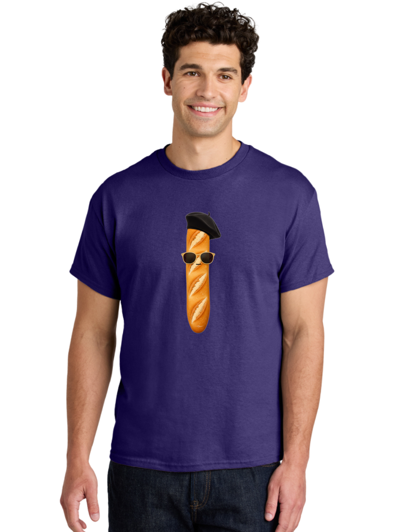 Baguette-With-Sunglasses-And-Beret-1 Men'S Graphic Tee, 100% Cotton, Comfortable Casual Summer Wear, Machine Washable, Baguette With Sunglasses, French Bread, Beret Hat, Cool Baguette, Cartoon Character, Funny Food, Charismatic Bread, Bac594