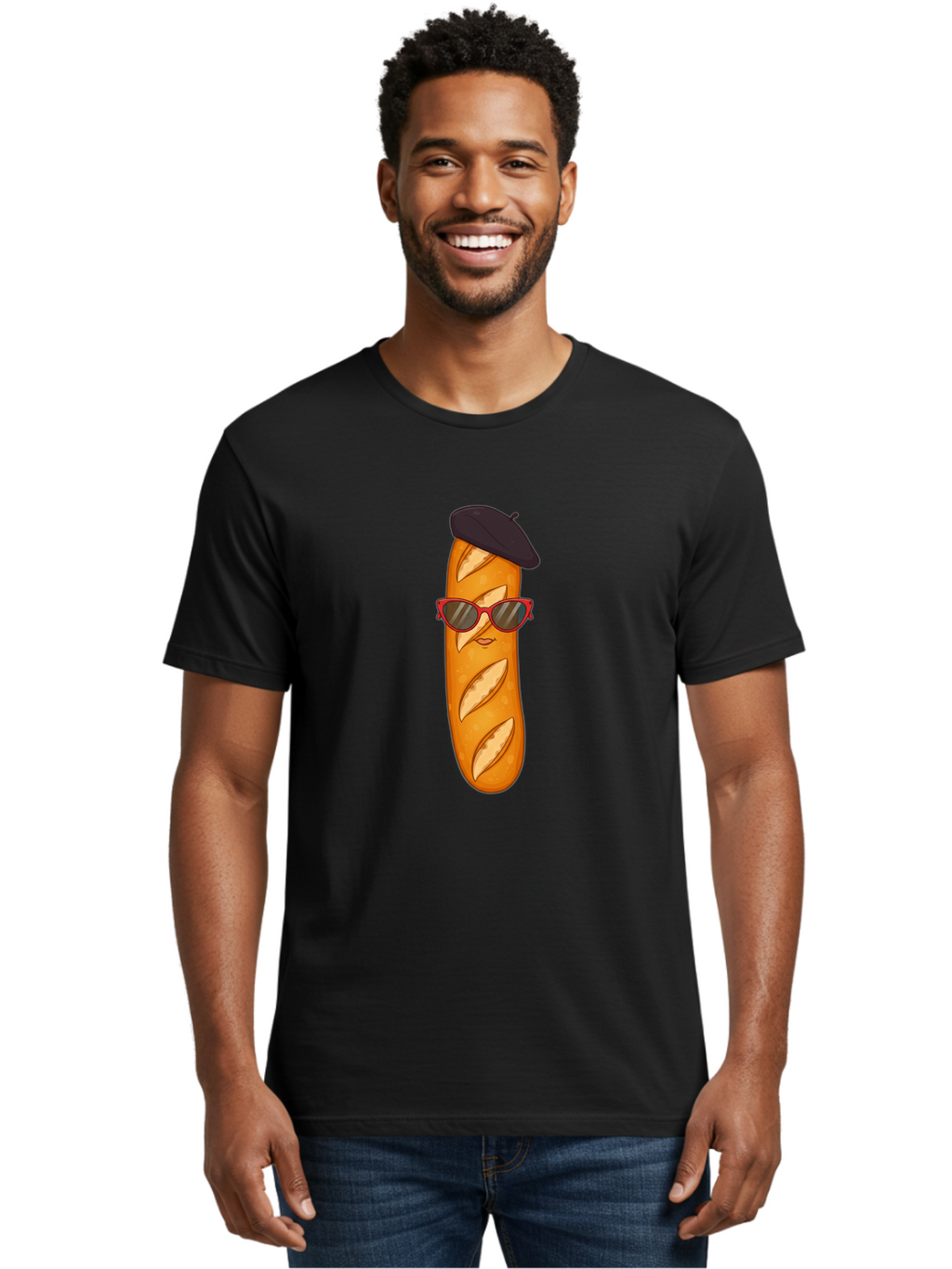 Baguette-With-Sunglasses-And-Beret Men'S Graphic Tee, 100% Cotton, Comfortable Casual Summer Wear, Machine Washable, Cartoon Baguette, Beret Hat, Red Sunglasses, French Cuisine, Bread Character, Quirky Illustration, Fun Design, Loaf Of Bread, Bac595