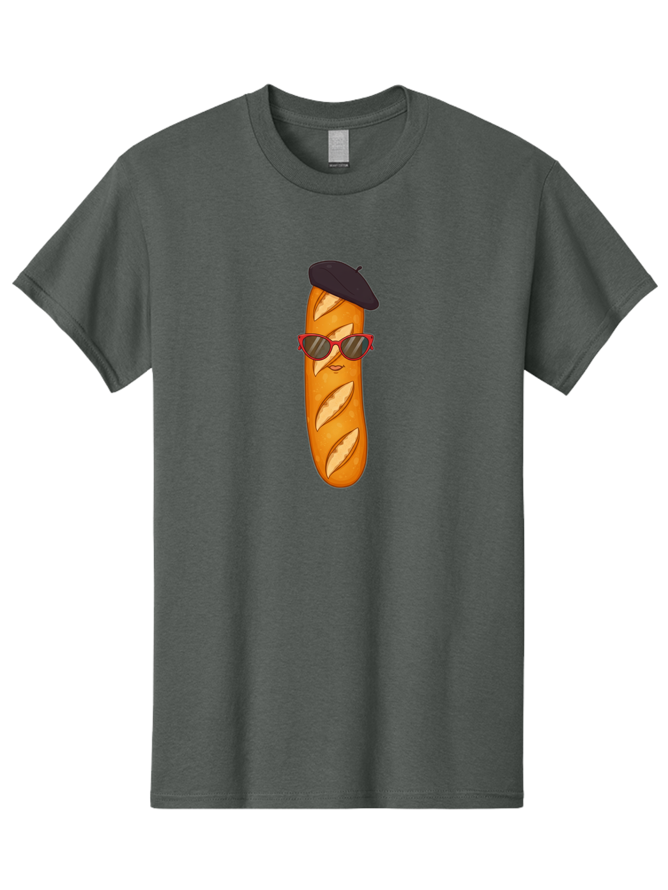 Baguette-With-Sunglasses-And-Beret Men'S Graphic Tee, 100% Cotton, Comfortable Casual Summer Wear, Machine Washable, Cartoon Baguette, Beret Hat, Red Sunglasses, French Cuisine, Bread Character, Quirky Illustration, Fun Design, Loaf Of Bread, Bac595