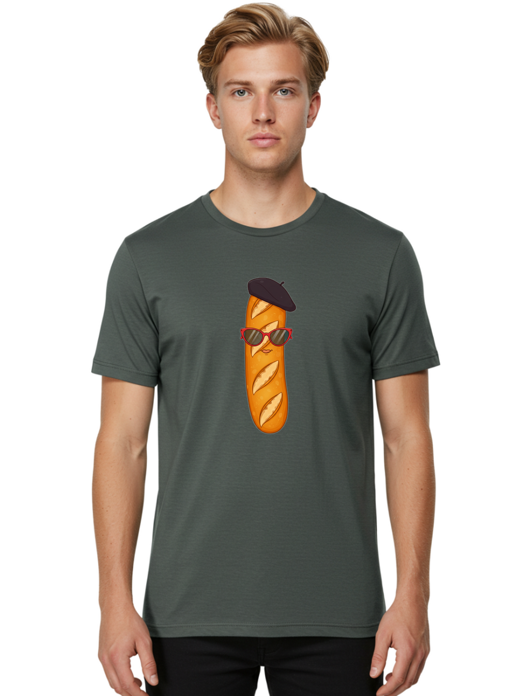 Baguette-With-Sunglasses-And-Beret Men'S Graphic Tee, 100% Cotton, Comfortable Casual Summer Wear, Machine Washable, Cartoon Baguette, Beret Hat, Red Sunglasses, French Cuisine, Bread Character, Quirky Illustration, Fun Design, Loaf Of Bread, Bac595