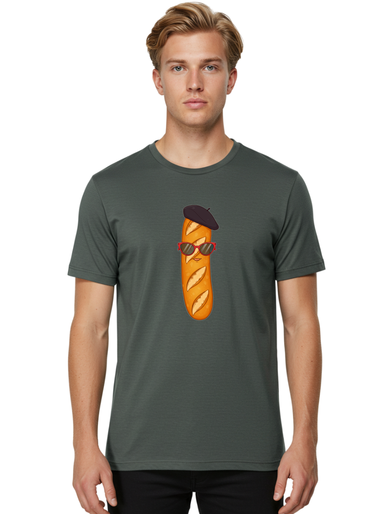 Baguette-With-Sunglasses-And-Beret Men'S Graphic Tee, 100% Cotton, Comfortable Casual Summer Wear, Machine Washable, Cartoon Baguette, Beret Hat, Red Sunglasses, French Cuisine, Bread Character, Quirky Illustration, Fun Design, Loaf Of Bread, Bac595