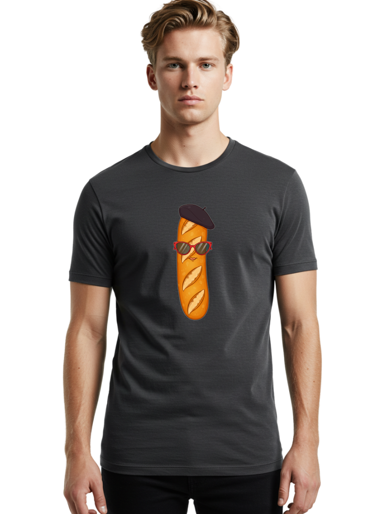 Baguette-With-Sunglasses-And-Beret Men'S Graphic Tee, 100% Cotton, Comfortable Casual Summer Wear, Machine Washable, Cartoon Baguette, Beret Hat, Red Sunglasses, French Cuisine, Bread Character, Quirky Illustration, Fun Design, Loaf Of Bread, Bac595
