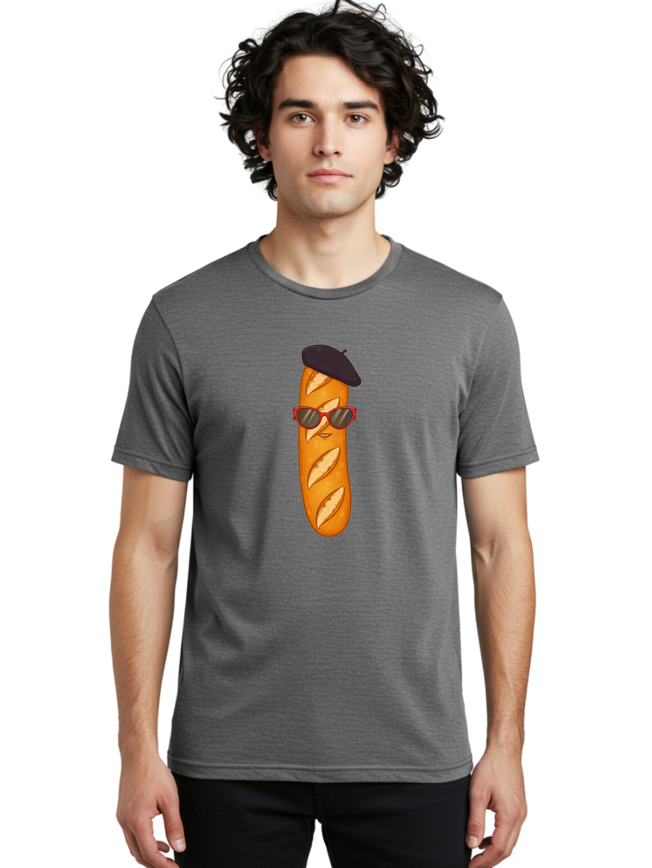 Baguette-With-Sunglasses-And-Beret Men'S Graphic Tee, 100% Cotton, Comfortable Casual Summer Wear, Machine Washable, Cartoon Baguette, Beret Hat, Red Sunglasses, French Cuisine, Bread Character, Quirky Illustration, Fun Design, Loaf Of Bread, Bac595