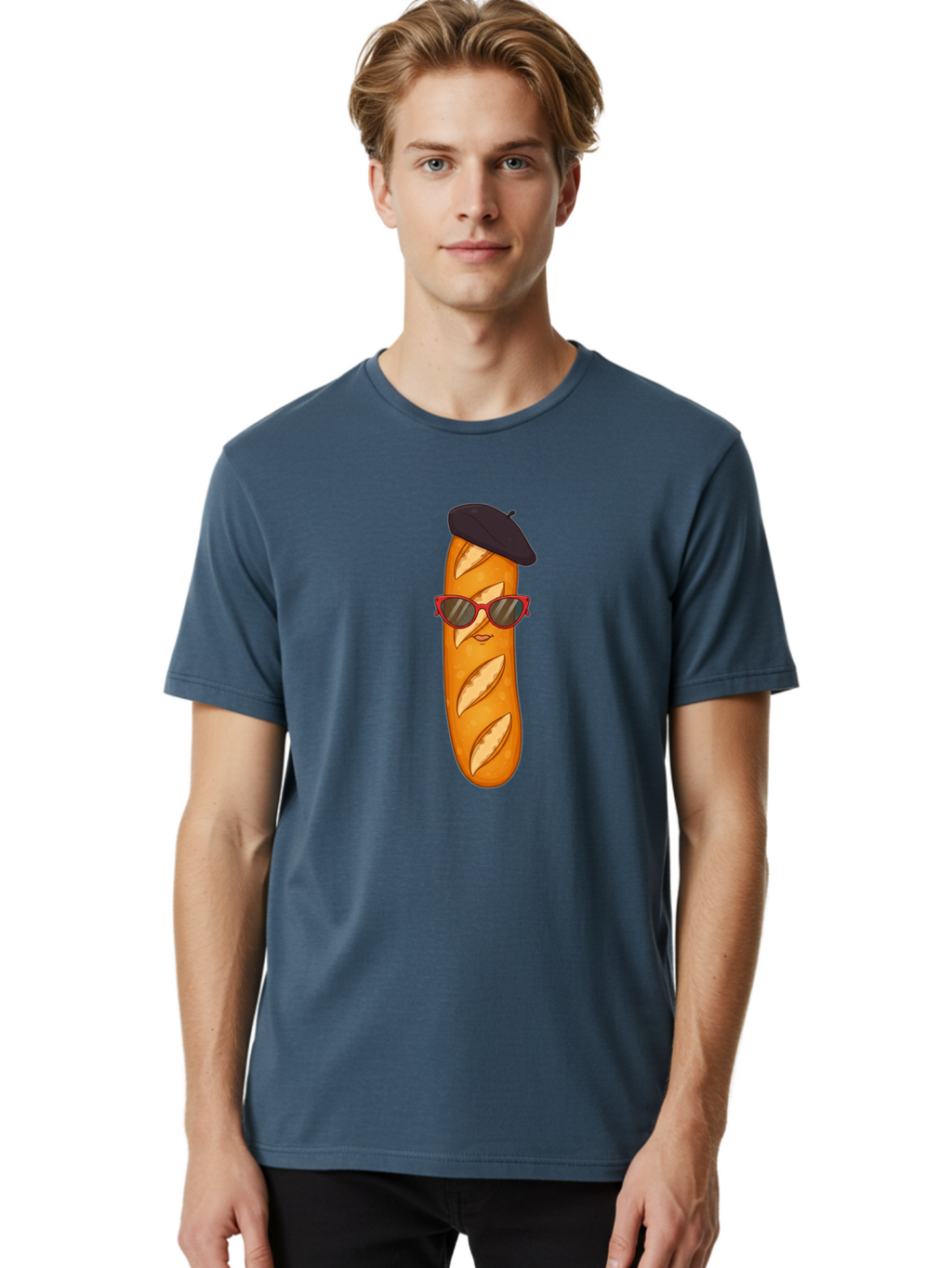 Baguette-With-Sunglasses-And-Beret Men'S Graphic Tee, 100% Cotton, Comfortable Casual Summer Wear, Machine Washable, Cartoon Baguette, Beret Hat, Red Sunglasses, French Cuisine, Bread Character, Quirky Illustration, Fun Design, Loaf Of Bread, Bac595