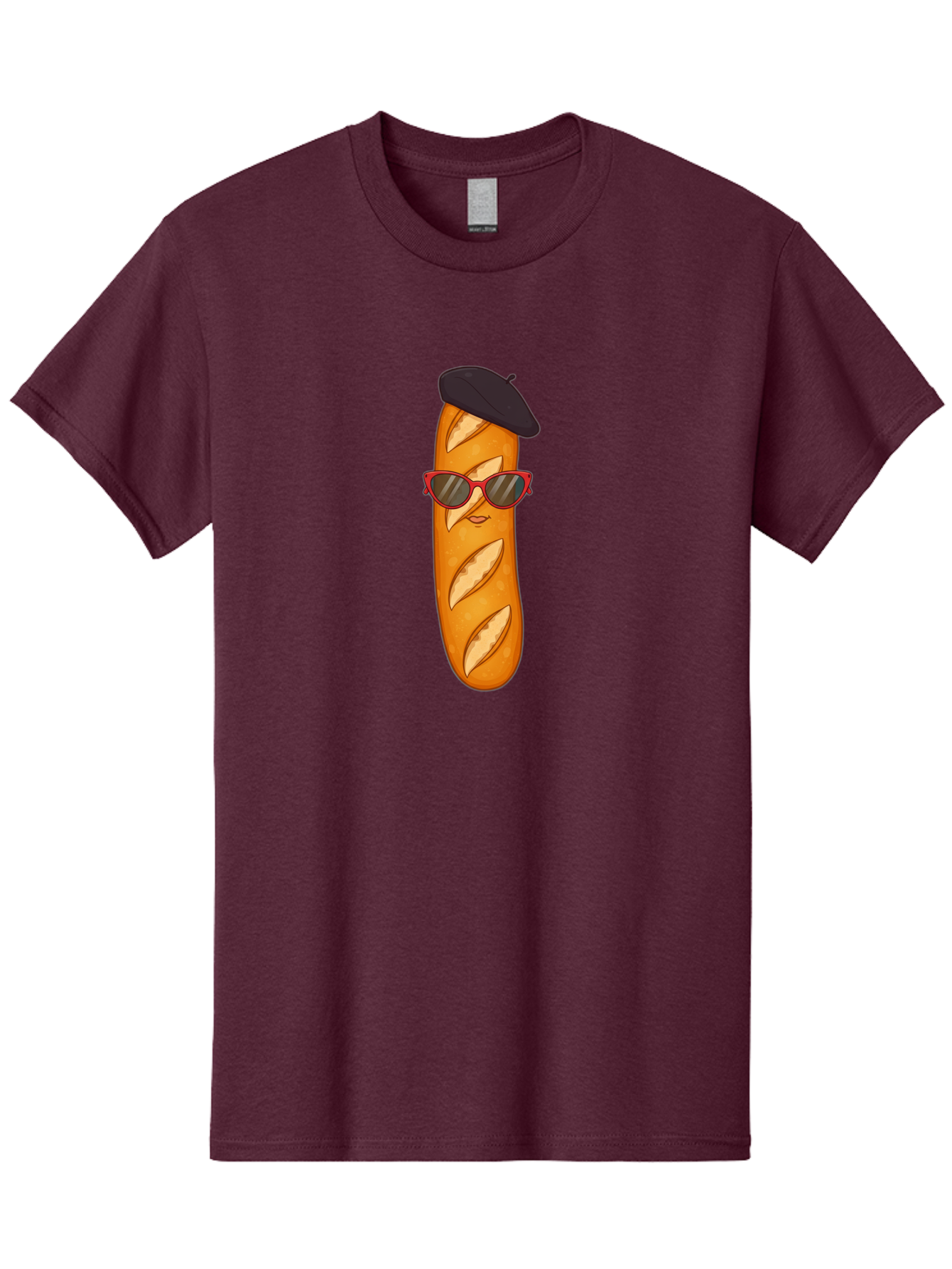 Baguette-With-Sunglasses-And-Beret Men'S Graphic Tee, 100% Cotton, Comfortable Casual Summer Wear, Machine Washable, Cartoon Baguette, Beret Hat, Red Sunglasses, French Cuisine, Bread Character, Quirky Illustration, Fun Design, Loaf Of Bread, Bac595