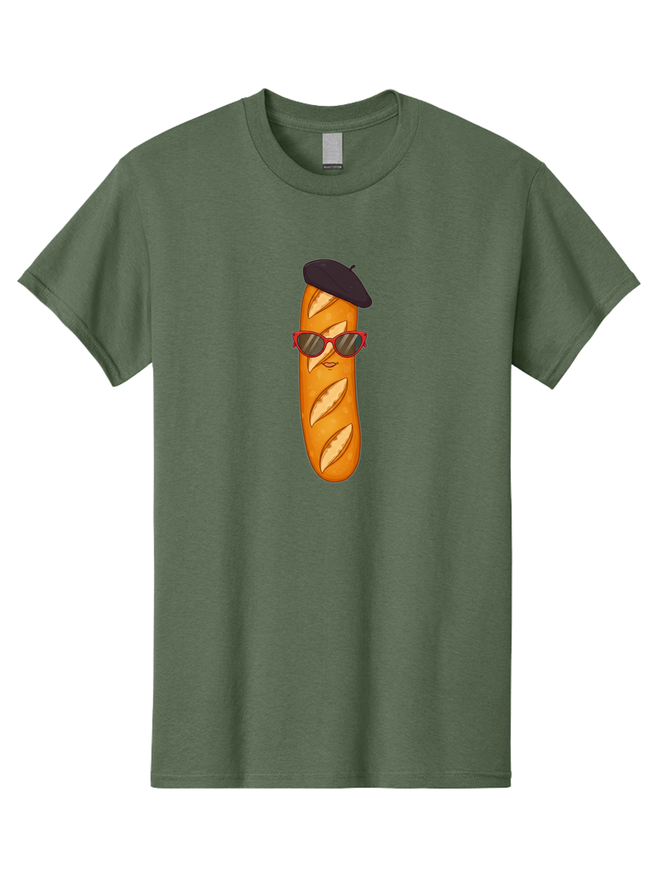 Baguette-With-Sunglasses-And-Beret Men'S Graphic Tee, 100% Cotton, Comfortable Casual Summer Wear, Machine Washable, Cartoon Baguette, Beret Hat, Red Sunglasses, French Cuisine, Bread Character, Quirky Illustration, Fun Design, Loaf Of Bread, Bac595