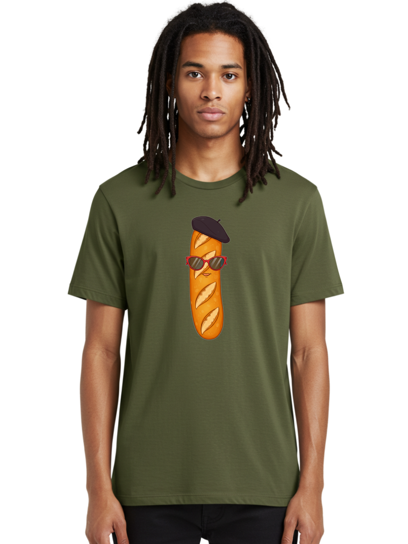 Baguette-With-Sunglasses-And-Beret Men'S Graphic Tee, 100% Cotton, Comfortable Casual Summer Wear, Machine Washable, Cartoon Baguette, Beret Hat, Red Sunglasses, French Cuisine, Bread Character, Quirky Illustration, Fun Design, Loaf Of Bread, Bac595
