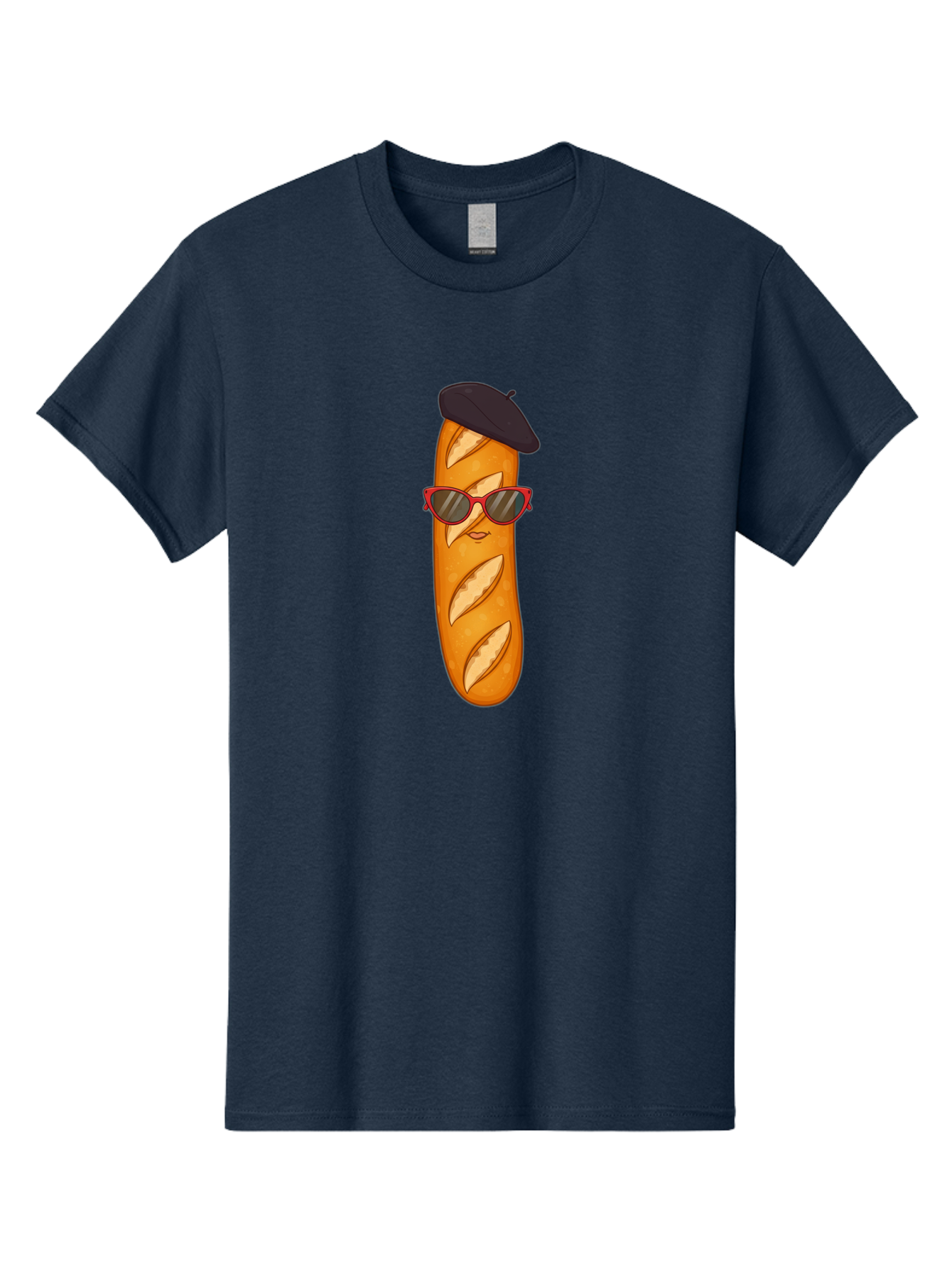 Baguette-With-Sunglasses-And-Beret Men'S Graphic Tee, 100% Cotton, Comfortable Casual Summer Wear, Machine Washable, Cartoon Baguette, Beret Hat, Red Sunglasses, French Cuisine, Bread Character, Quirky Illustration, Fun Design, Loaf Of Bread, Bac595