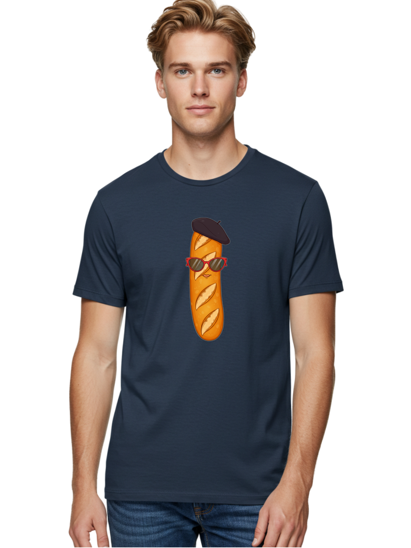 Baguette-With-Sunglasses-And-Beret Men'S Graphic Tee, 100% Cotton, Comfortable Casual Summer Wear, Machine Washable, Cartoon Baguette, Beret Hat, Red Sunglasses, French Cuisine, Bread Character, Quirky Illustration, Fun Design, Loaf Of Bread, Bac595