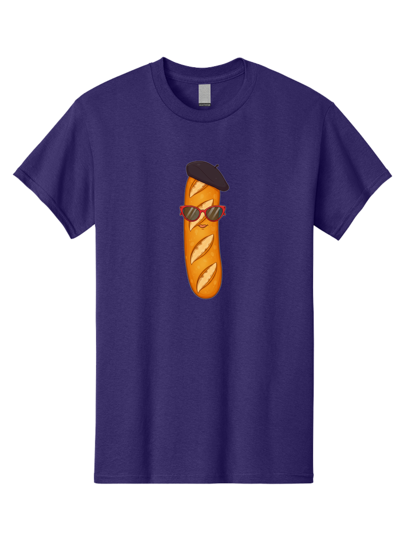 Baguette-With-Sunglasses-And-Beret Men'S Graphic Tee, 100% Cotton, Comfortable Casual Summer Wear, Machine Washable, Cartoon Baguette, Beret Hat, Red Sunglasses, French Cuisine, Bread Character, Quirky Illustration, Fun Design, Loaf Of Bread, Bac595