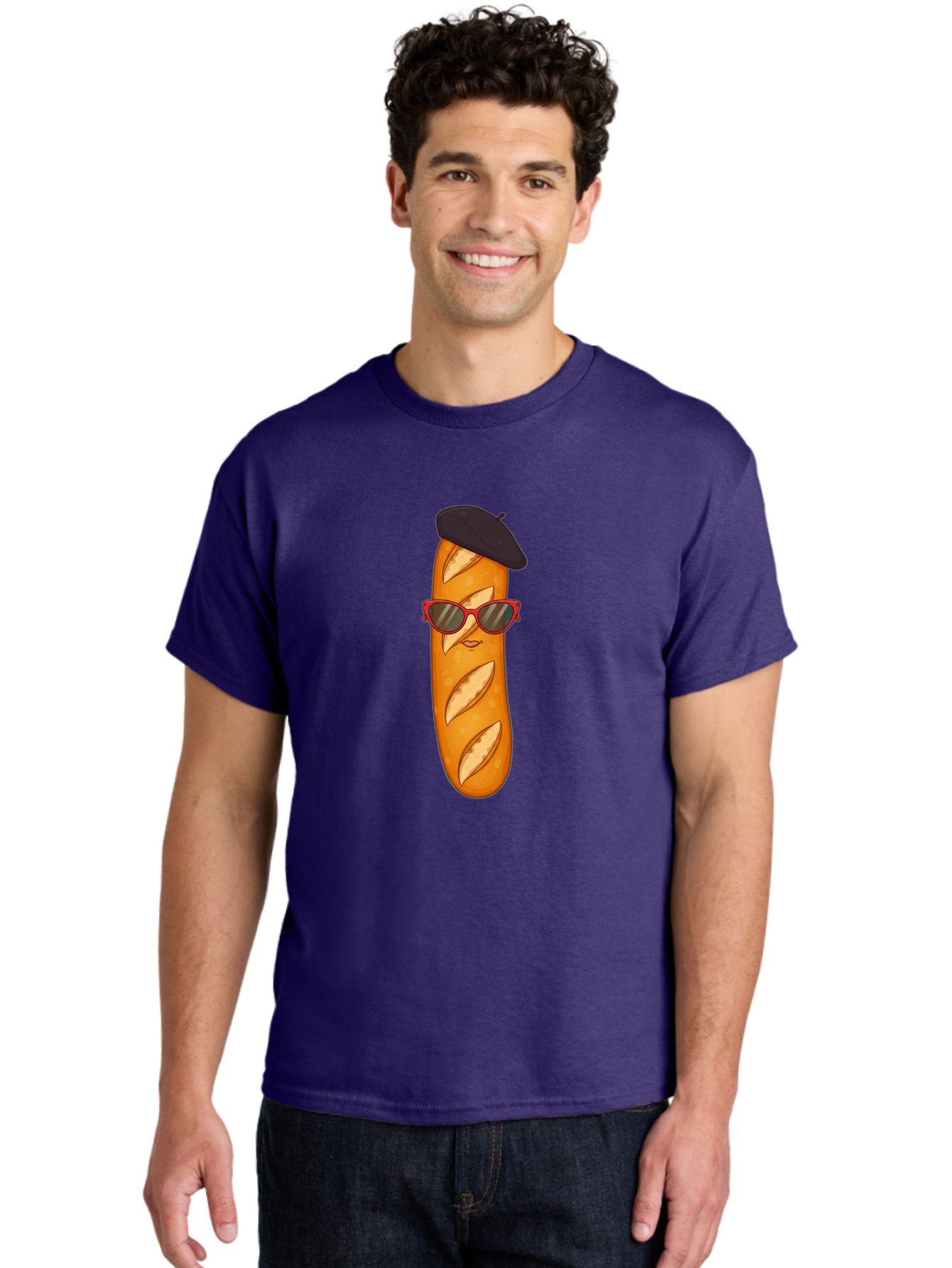 Baguette-With-Sunglasses-And-Beret Men'S Graphic Tee, 100% Cotton, Comfortable Casual Summer Wear, Machine Washable, Cartoon Baguette, Beret Hat, Red Sunglasses, French Cuisine, Bread Character, Quirky Illustration, Fun Design, Loaf Of Bread, Bac595