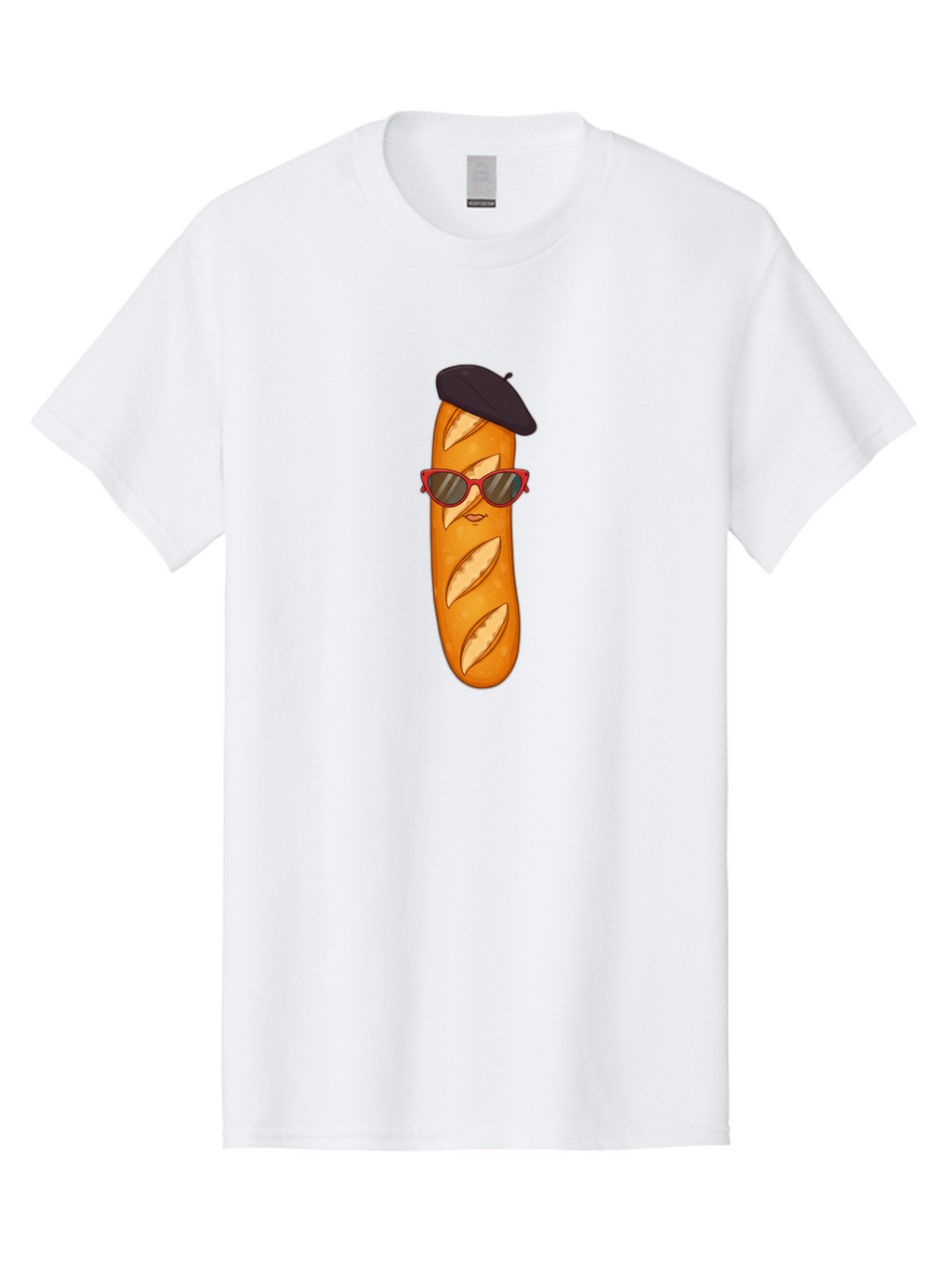 Baguette-With-Sunglasses-And-Beret Men'S Graphic Tee, 100% Cotton, Comfortable Casual Summer Wear, Machine Washable, Cartoon Baguette, Beret Hat, Red Sunglasses, French Cuisine, Bread Character, Quirky Illustration, Fun Design, Loaf Of Bread, Bac595