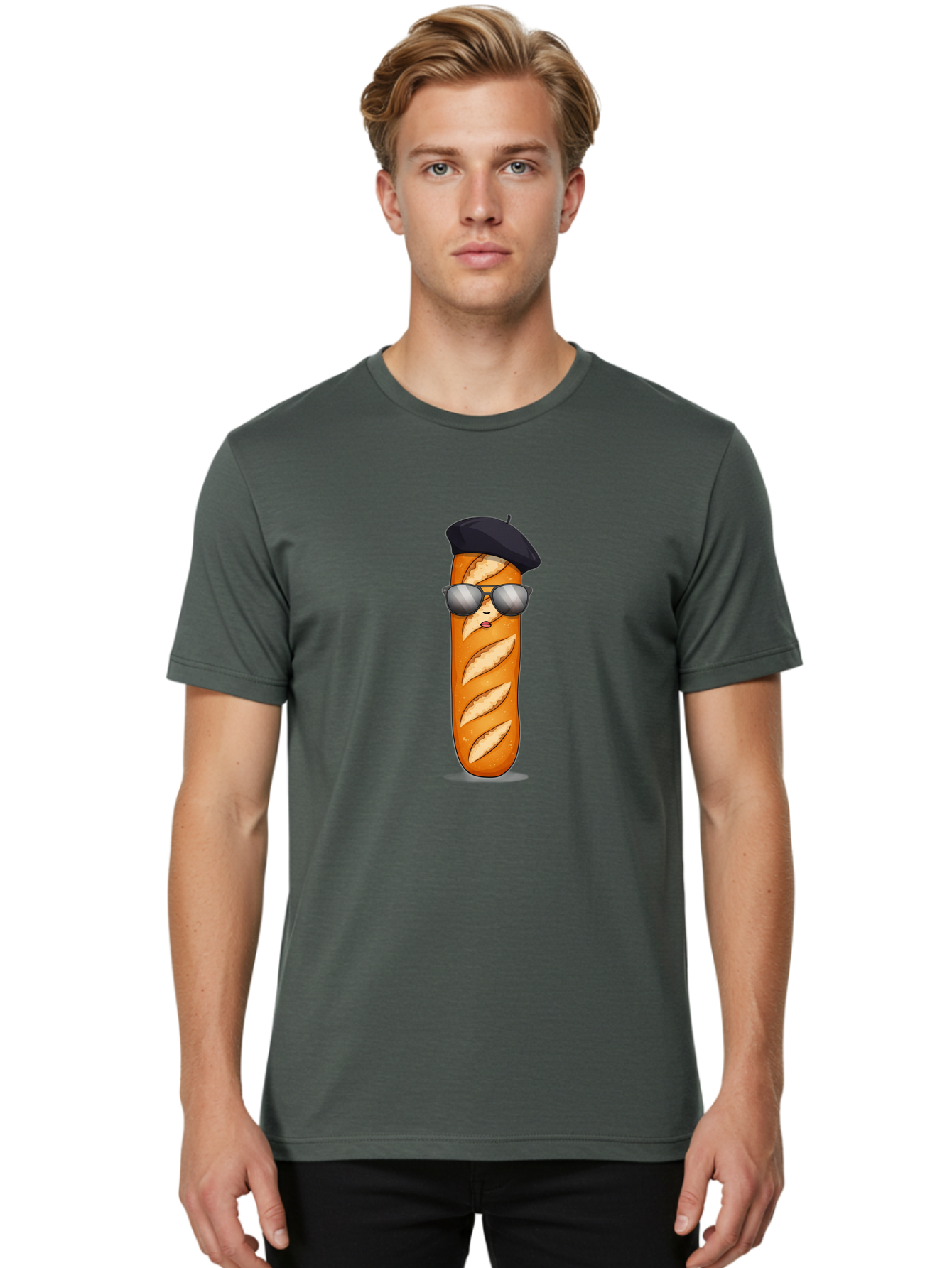 Baguette Men'S Graphic Tee, 100% Cotton, Comfortable Casual Summer Wear, Machine Washable, Cool Baguette, French Bread, Beret Hat, Trendy Sunglasses, Cartoon Character, Humorous Illustration, Funny Food Bac596