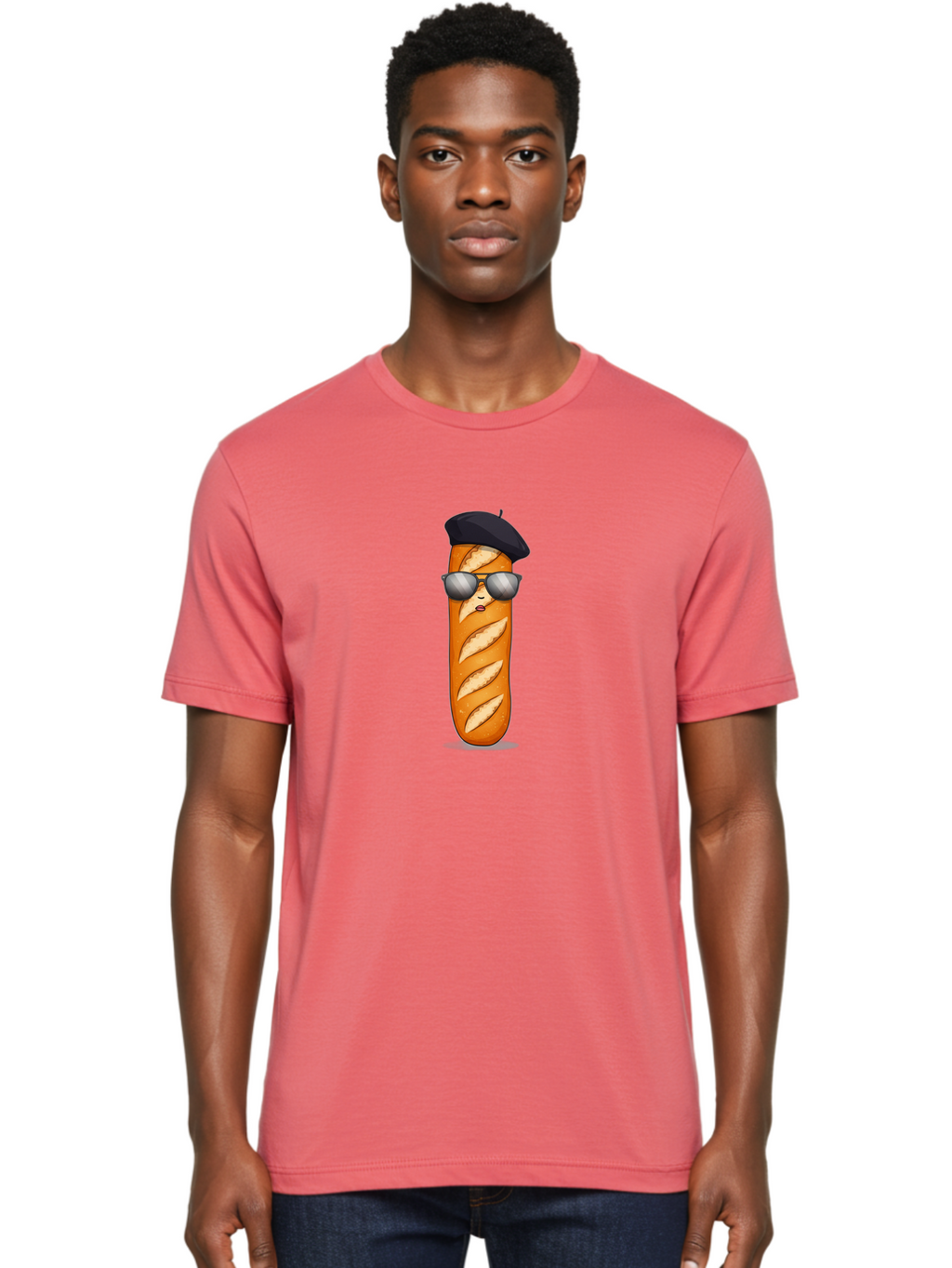 Baguette Men'S Graphic Tee, 100% Cotton, Comfortable Casual Summer Wear, Machine Washable, Cool Baguette, French Bread, Beret Hat, Trendy Sunglasses, Cartoon Character, Humorous Illustration, Funny Food Bac596
