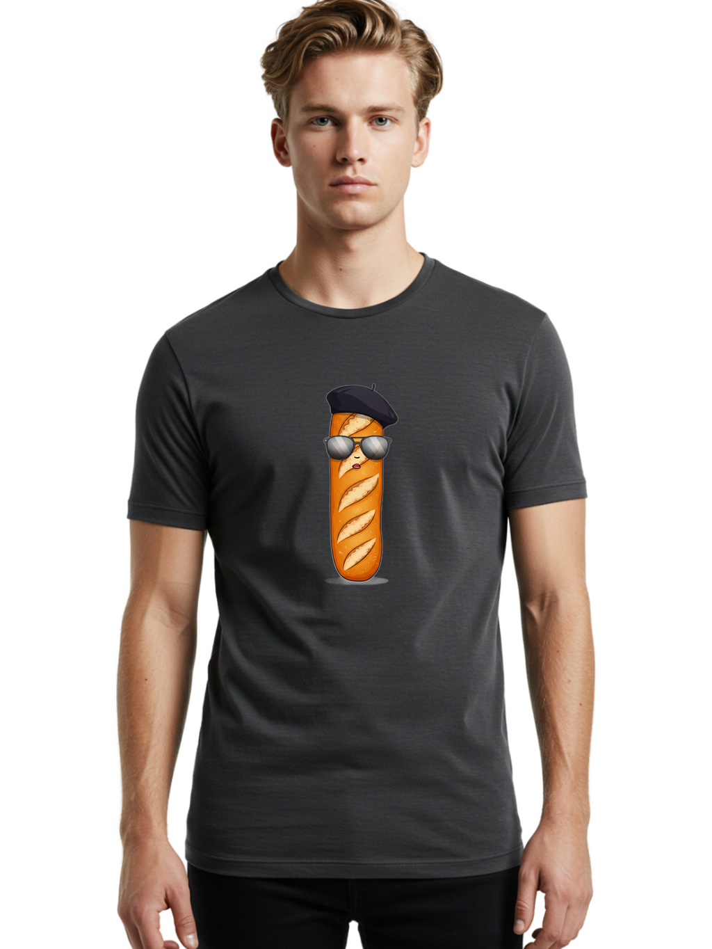 Baguette Men'S Graphic Tee, 100% Cotton, Comfortable Casual Summer Wear, Machine Washable, Cool Baguette, French Bread, Beret Hat, Trendy Sunglasses, Cartoon Character, Humorous Illustration, Funny Food Bac596