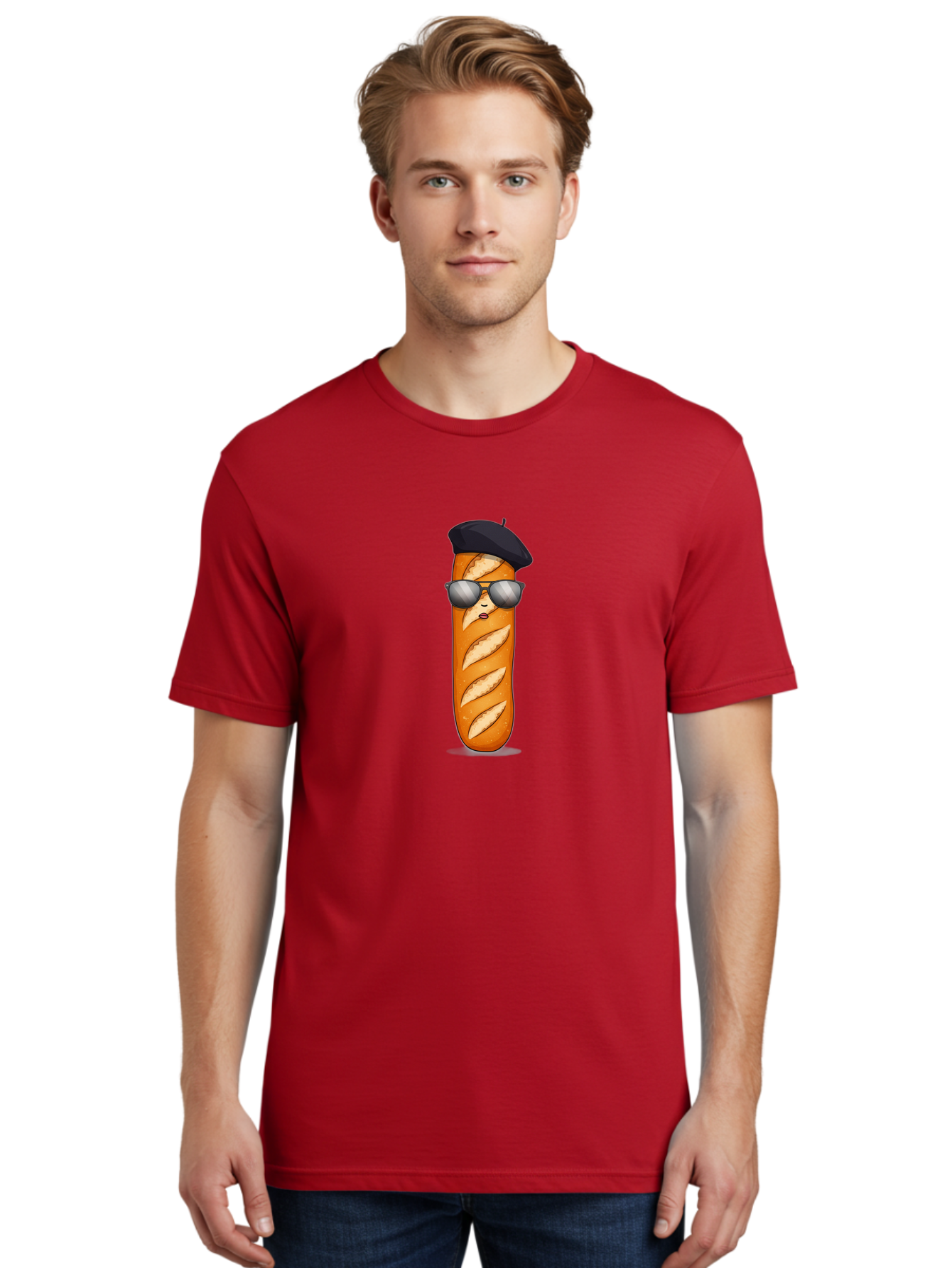 Baguette Men'S Graphic Tee, 100% Cotton, Comfortable Casual Summer Wear, Machine Washable, Cool Baguette, French Bread, Beret Hat, Trendy Sunglasses, Cartoon Character, Humorous Illustration, Funny Food Bac596