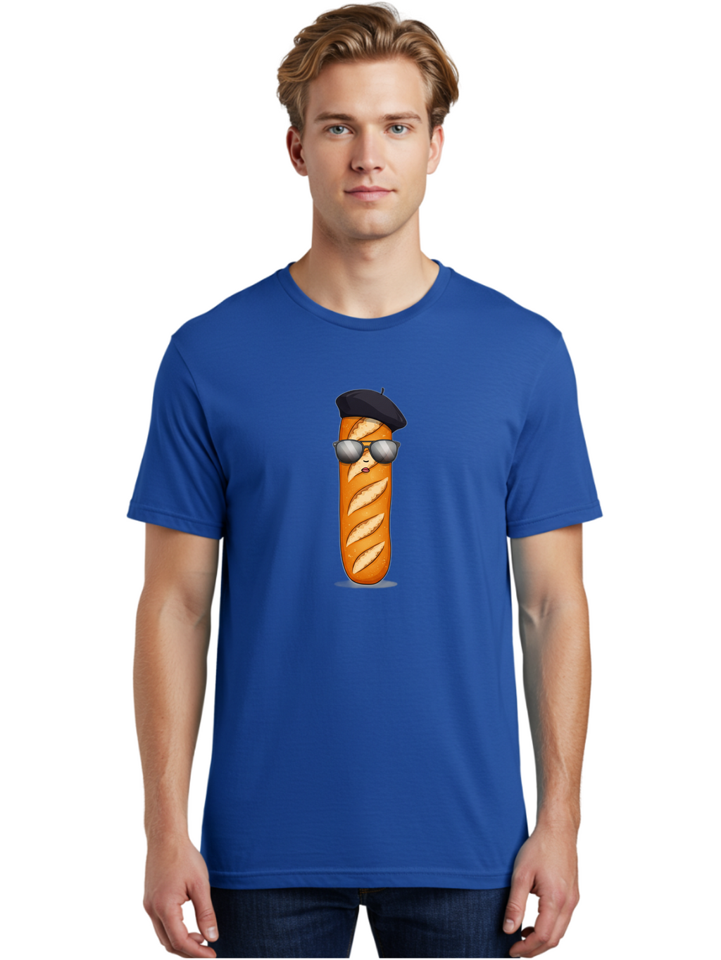 Baguette Men'S Graphic Tee, 100% Cotton, Comfortable Casual Summer Wear, Machine Washable, Cool Baguette, French Bread, Beret Hat, Trendy Sunglasses, Cartoon Character, Humorous Illustration, Funny Food Bac596
