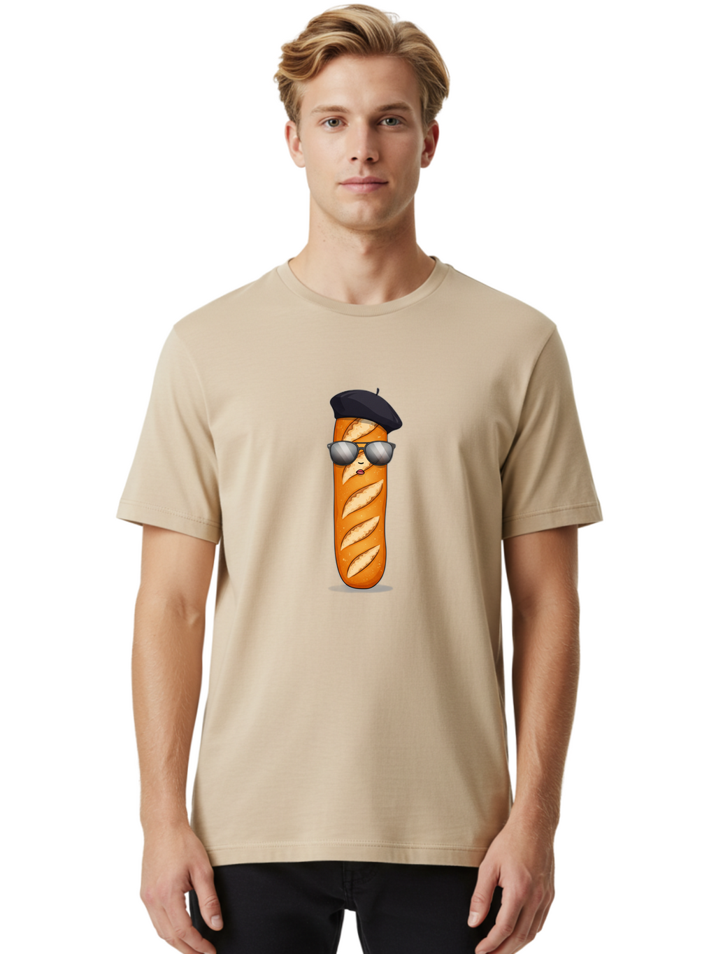Baguette Men'S Graphic Tee, 100% Cotton, Comfortable Casual Summer Wear, Machine Washable, Cool Baguette, French Bread, Beret Hat, Trendy Sunglasses, Cartoon Character, Humorous Illustration, Funny Food Bac596