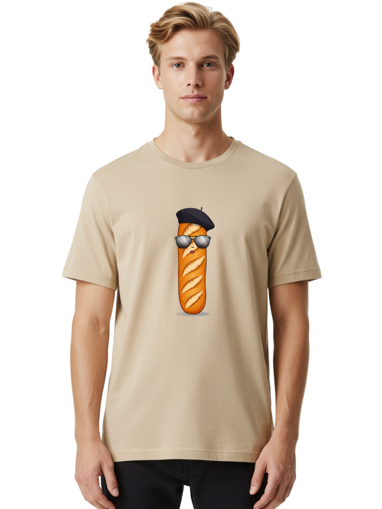 Baguette Men'S Graphic Tee, 100% Cotton, Comfortable Casual Summer Wear, Machine Washable, Cool Baguette, French Bread, Beret Hat, Trendy Sunglasses, Cartoon Character, Humorous Illustration, Funny Food Bac596