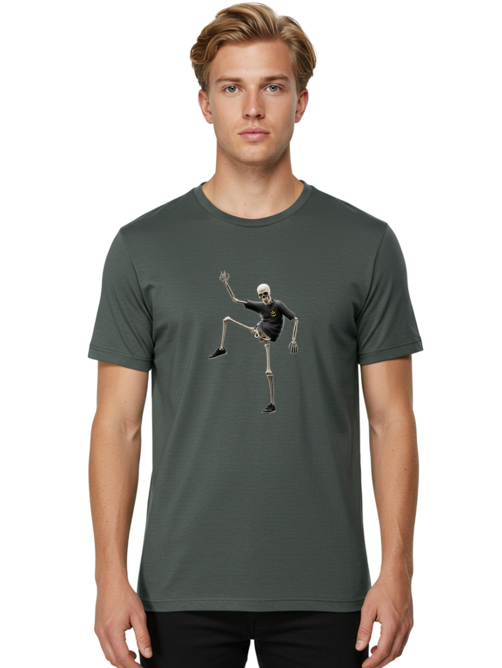 Bape-Skeleton Men'S Graphic Tee, 100% Cotton, Comfortable Casual Summer Wear, Machine Washable, Dancing Skeleton, Skeleton In T-Shirt, Yellow Logo, Dancing Pose, Black Shoes, Skeleton Illustration, Pop Culture, Fun, Quirky, Spooky, Playful, Bac597