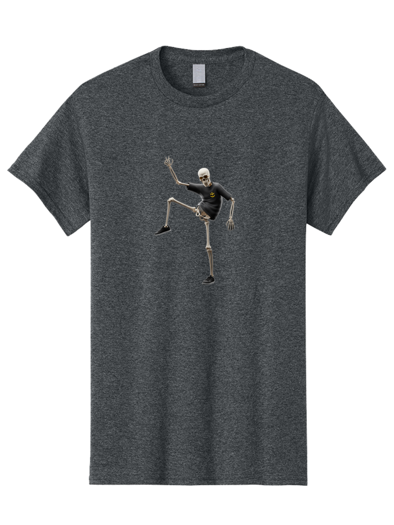 Bape-Skeleton Men'S Graphic Tee, 100% Cotton, Comfortable Casual Summer Wear, Machine Washable, Dancing Skeleton, Skeleton In T-Shirt, Yellow Logo, Dancing Pose, Black Shoes, Skeleton Illustration, Pop Culture, Fun, Quirky, Spooky, Playful, Bac597