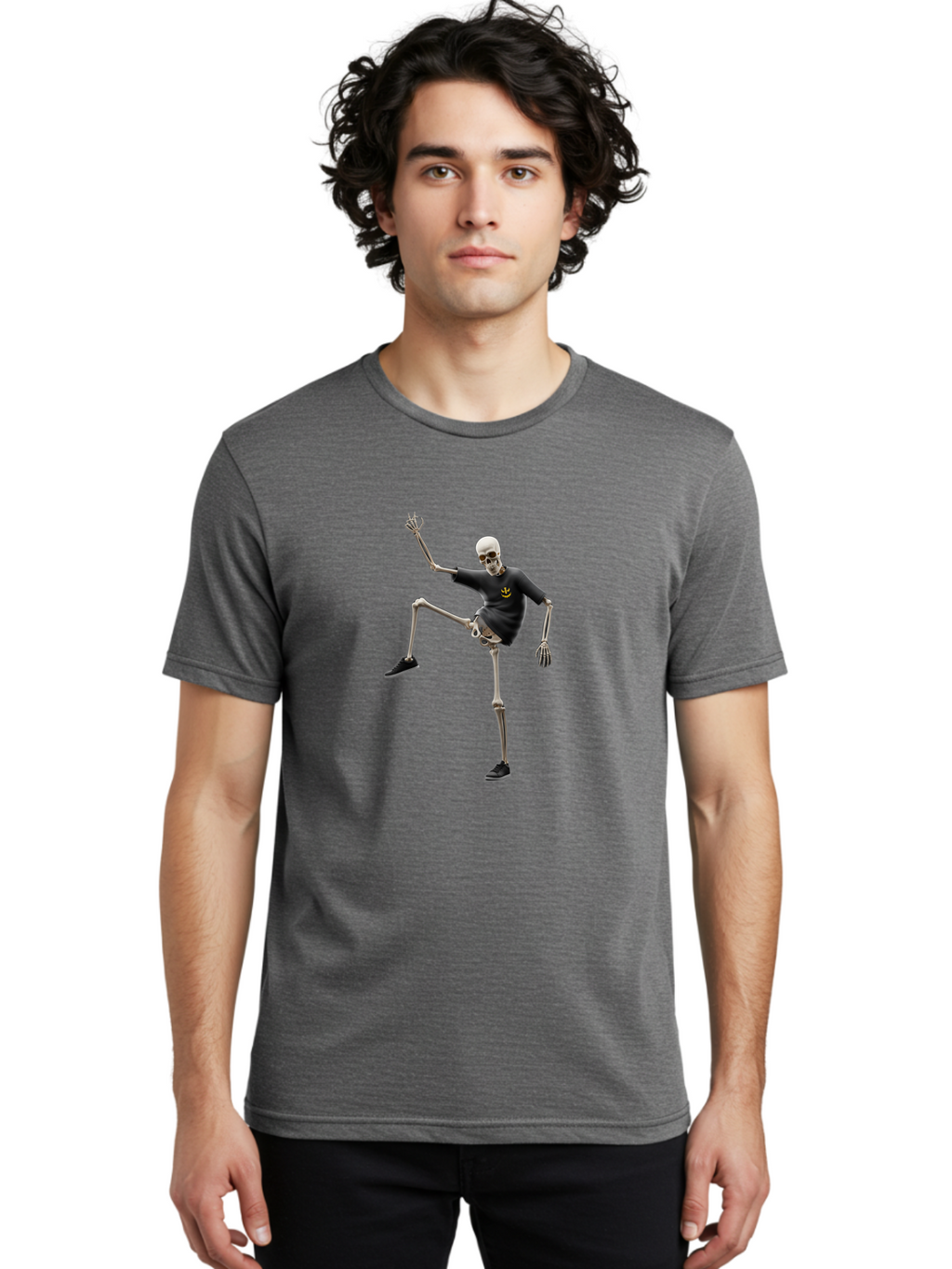 Bape-Skeleton Men'S Graphic Tee, 100% Cotton, Comfortable Casual Summer Wear, Machine Washable, Dancing Skeleton, Skeleton In T-Shirt, Yellow Logo, Dancing Pose, Black Shoes, Skeleton Illustration, Pop Culture, Fun, Quirky, Spooky, Playful, Bac597