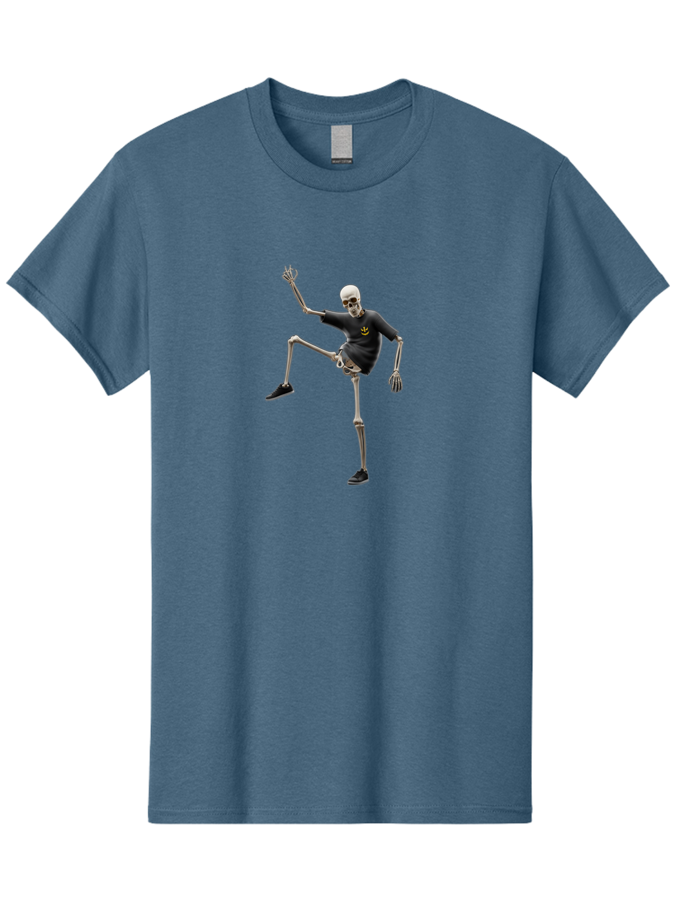 Bape-Skeleton Men'S Graphic Tee, 100% Cotton, Comfortable Casual Summer Wear, Machine Washable, Dancing Skeleton, Skeleton In T-Shirt, Yellow Logo, Dancing Pose, Black Shoes, Skeleton Illustration, Pop Culture, Fun, Quirky, Spooky, Playful, Bac597