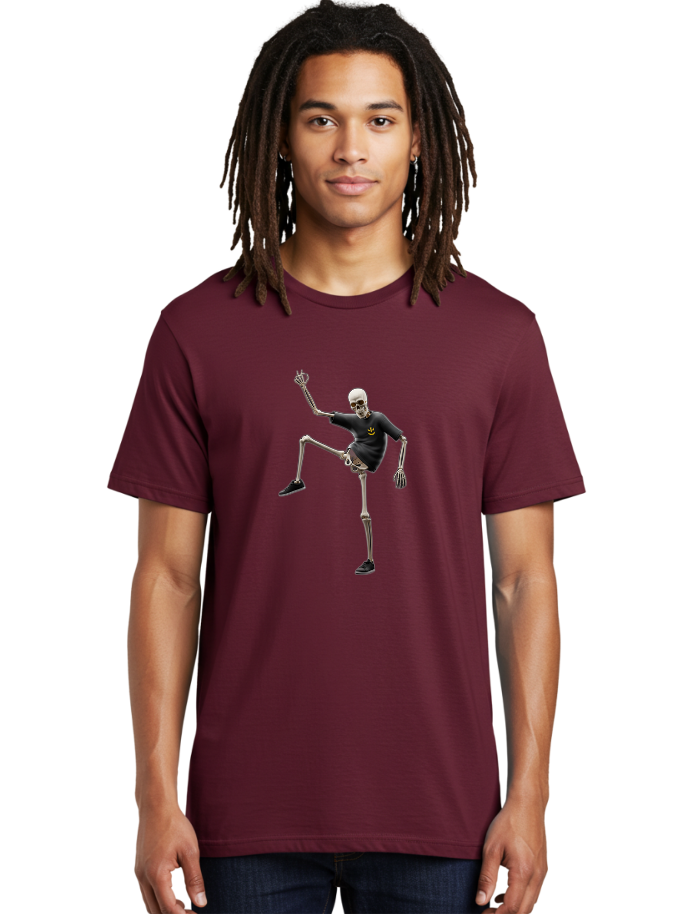Bape-Skeleton Men'S Graphic Tee, 100% Cotton, Comfortable Casual Summer Wear, Machine Washable, Dancing Skeleton, Skeleton In T-Shirt, Yellow Logo, Dancing Pose, Black Shoes, Skeleton Illustration, Pop Culture, Fun, Quirky, Spooky, Playful, Bac597