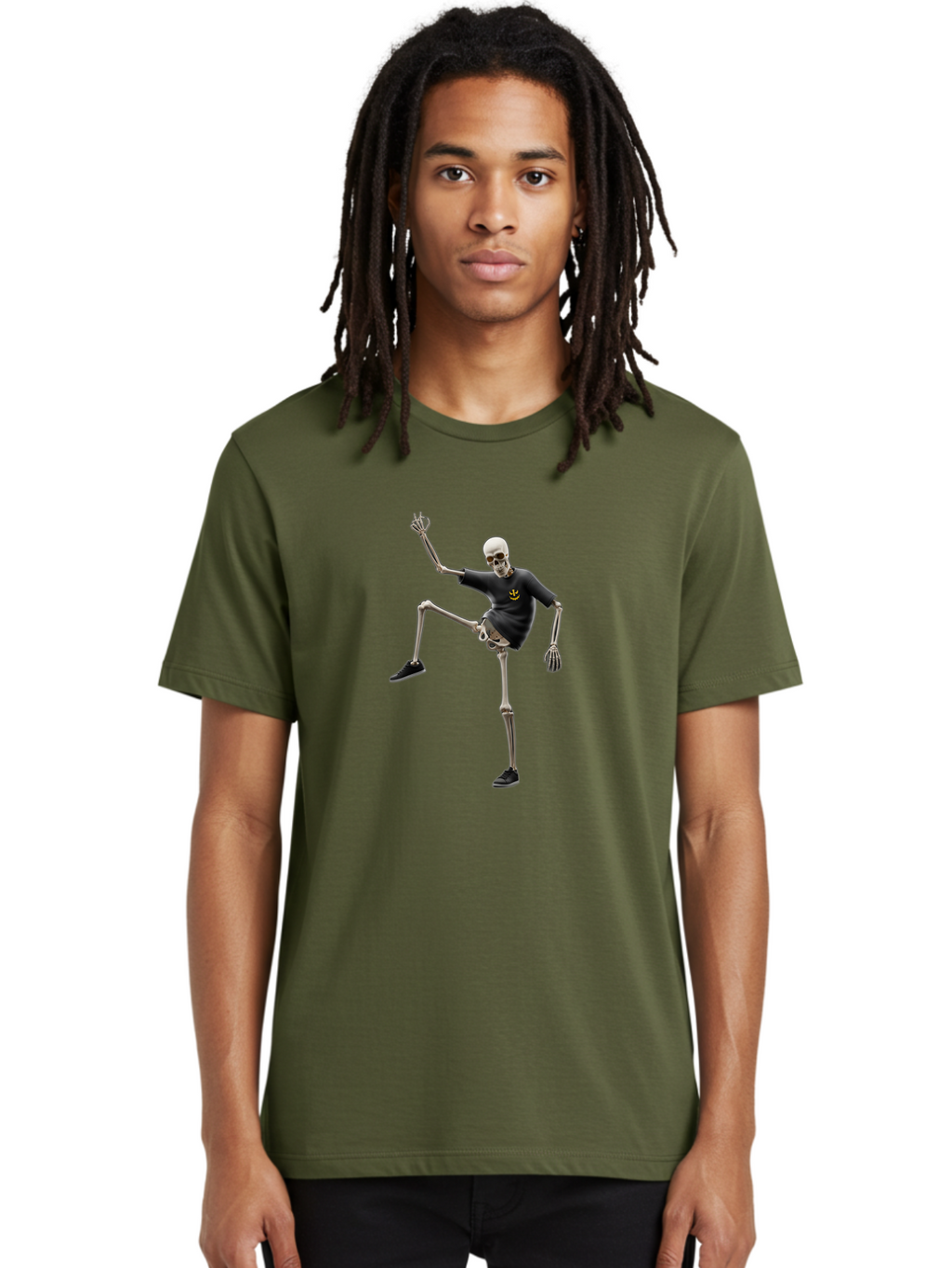 Bape-Skeleton Men'S Graphic Tee, 100% Cotton, Comfortable Casual Summer Wear, Machine Washable, Dancing Skeleton, Skeleton In T-Shirt, Yellow Logo, Dancing Pose, Black Shoes, Skeleton Illustration, Pop Culture, Fun, Quirky, Spooky, Playful, Bac597