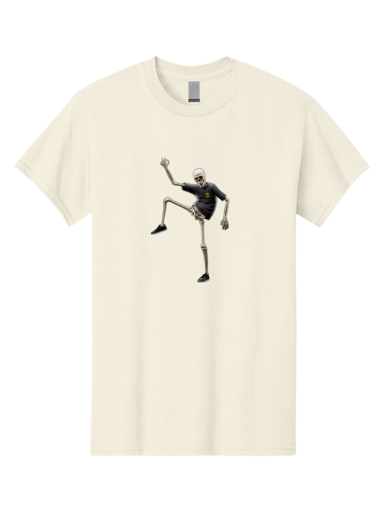 Bape-Skeleton Men'S Graphic Tee, 100% Cotton, Comfortable Casual Summer Wear, Machine Washable, Dancing Skeleton, Skeleton In T-Shirt, Yellow Logo, Dancing Pose, Black Shoes, Skeleton Illustration, Pop Culture, Fun, Quirky, Spooky, Playful, Bac597