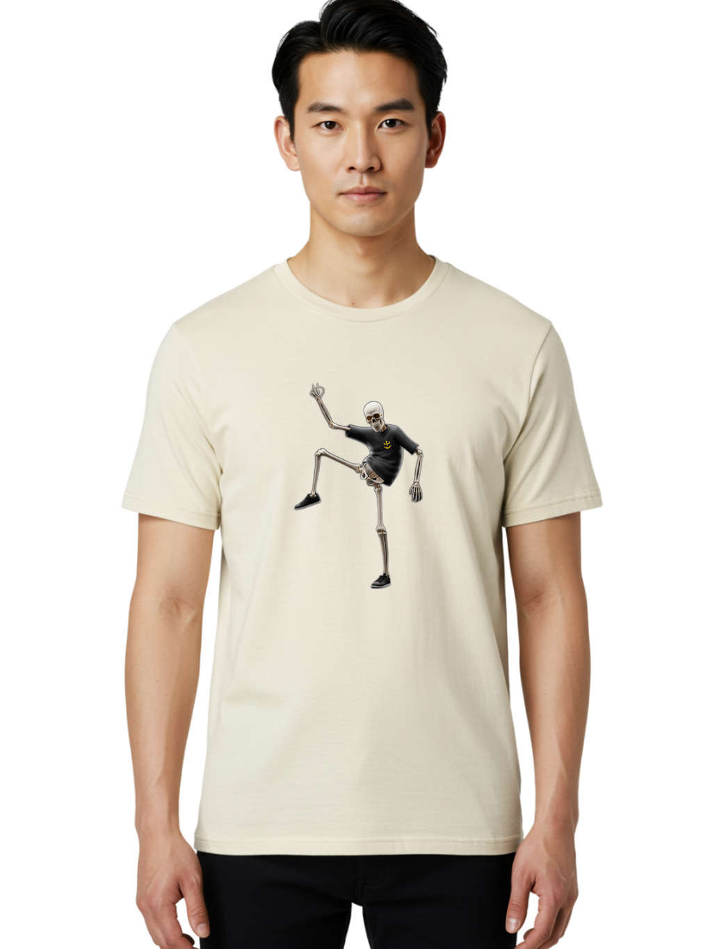 Bape-Skeleton Men'S Graphic Tee, 100% Cotton, Comfortable Casual Summer Wear, Machine Washable, Dancing Skeleton, Skeleton In T-Shirt, Yellow Logo, Dancing Pose, Black Shoes, Skeleton Illustration, Pop Culture, Fun, Quirky, Spooky, Playful, Bac597